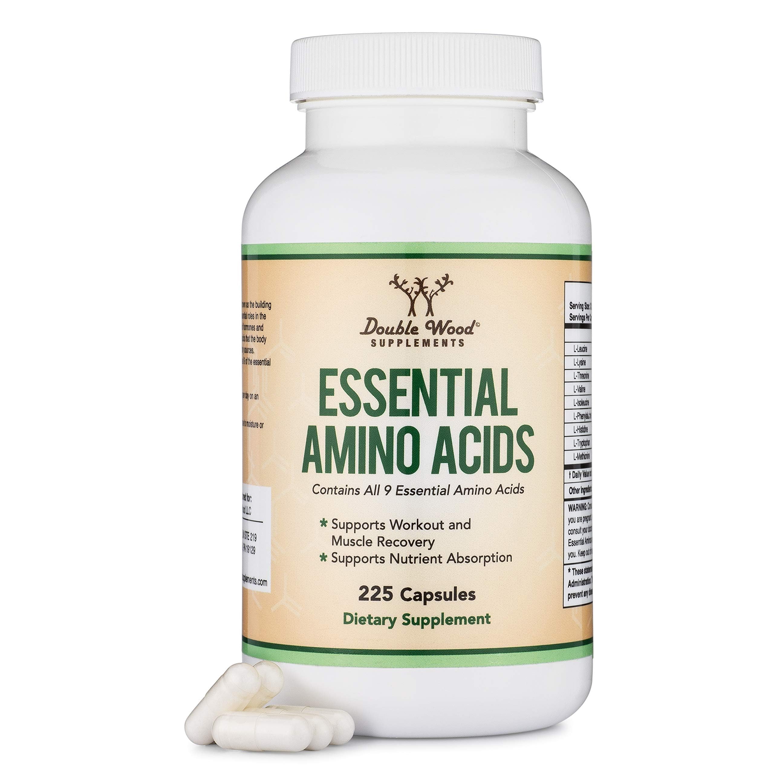 Essentielle Aminosäuren – 1 Gramm pro Portion Pulvermischung aus allen 9 essentiellen Aminosäuren (EAA) und allen verzweigtkettigen Aminosäuren (BCAAs) (Leucin, Isoleucin, Valin) 225 Kapseln, glutenfrei von Double Wood