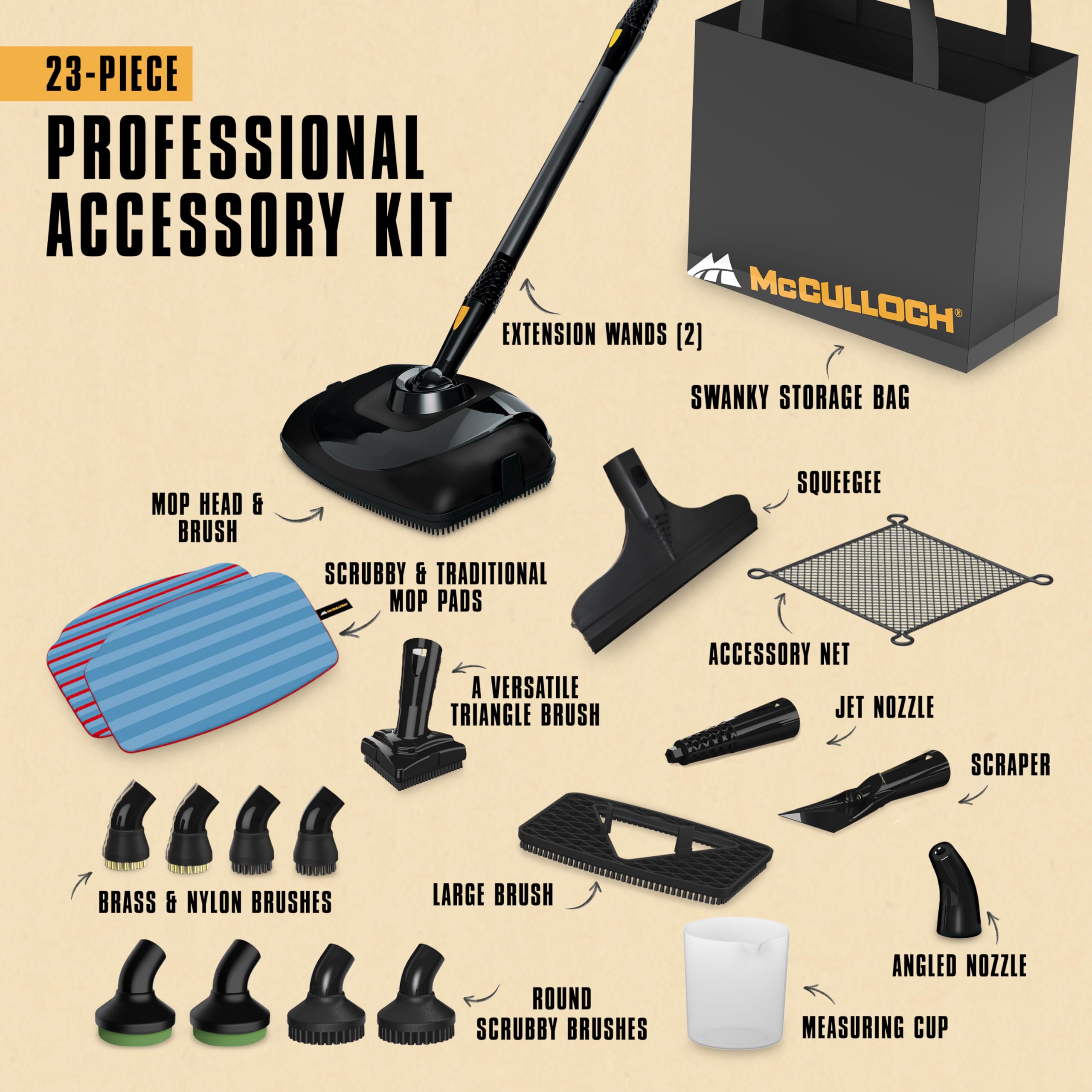 McCulloch MC1385 Deluxe Canister Steam Cleaner, 2-Hour Runtime, Chemical-Free, 23 Accessories: Mop Head, Brushes & More - Built for Home, Tile, Carpet, Furniture, & Personal Car Detailing