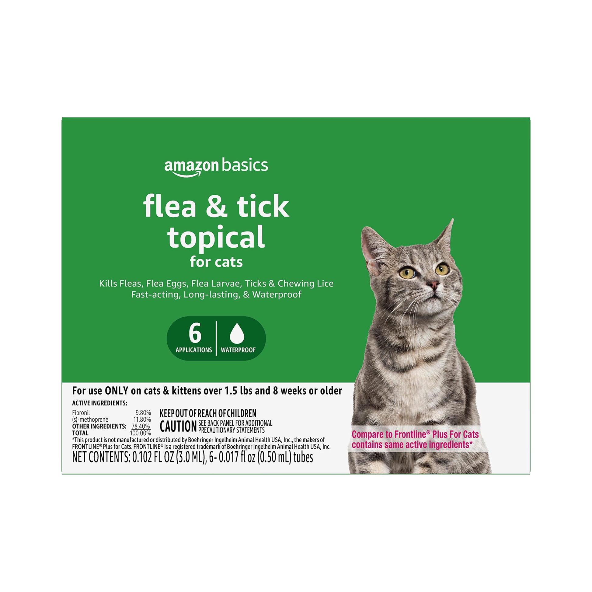 Amazon Basics Flea and Tick Topical Treatment for Cats (over 1.5 pounds), 3 Count (Previously Solimo)