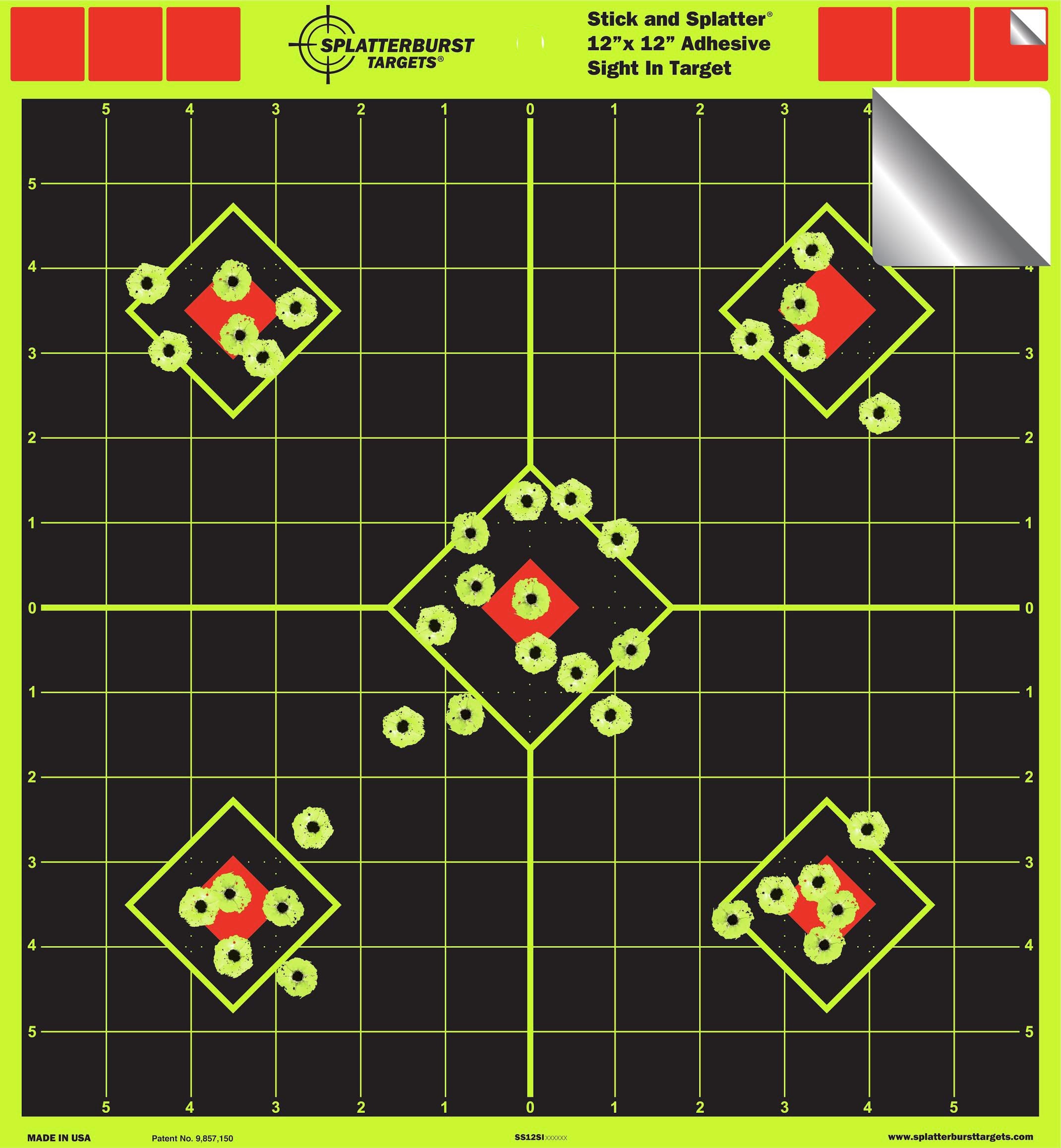 12"x12" Sight in Adhesive SPLATTERBURST Shooting Targets - Instantly See Your Shots Burst Bright Fluorescent Yellow Upon Impact! (10 PACK)