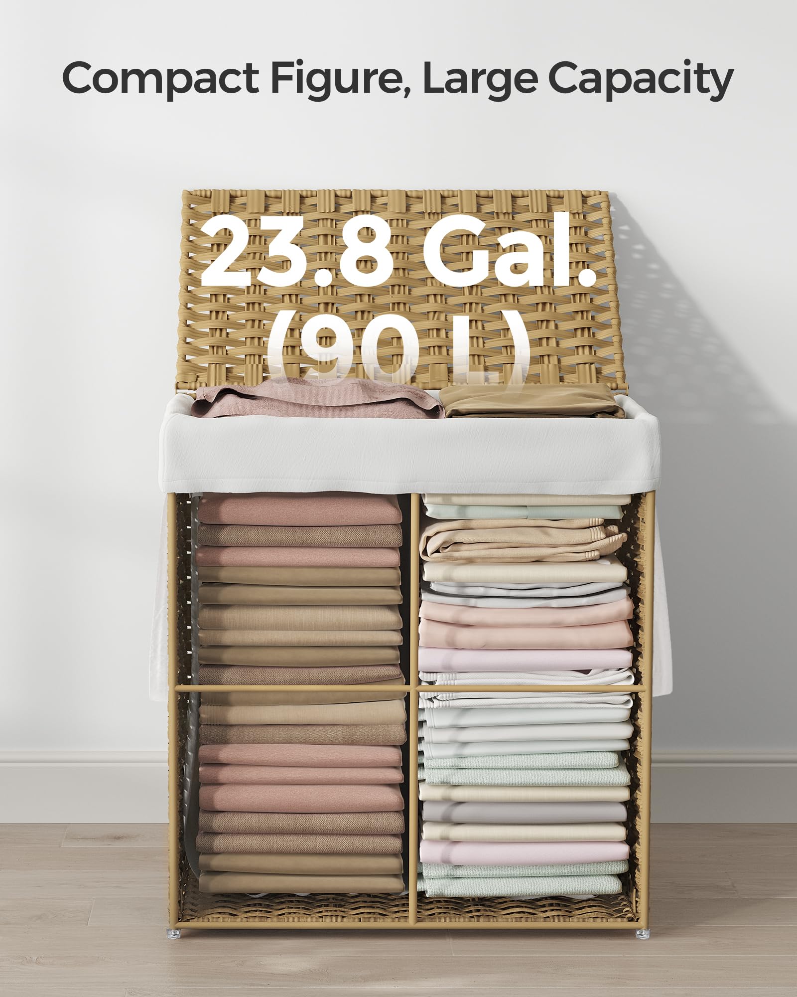 SONGMICS Laundry Hamper with Lid, 23.8 Gallon (90 L) Synthetic Rattan Clothes Laundry Basket with Lid and Handles, Foldable, Removable Liner, Goose Yellow ULCB51NL
