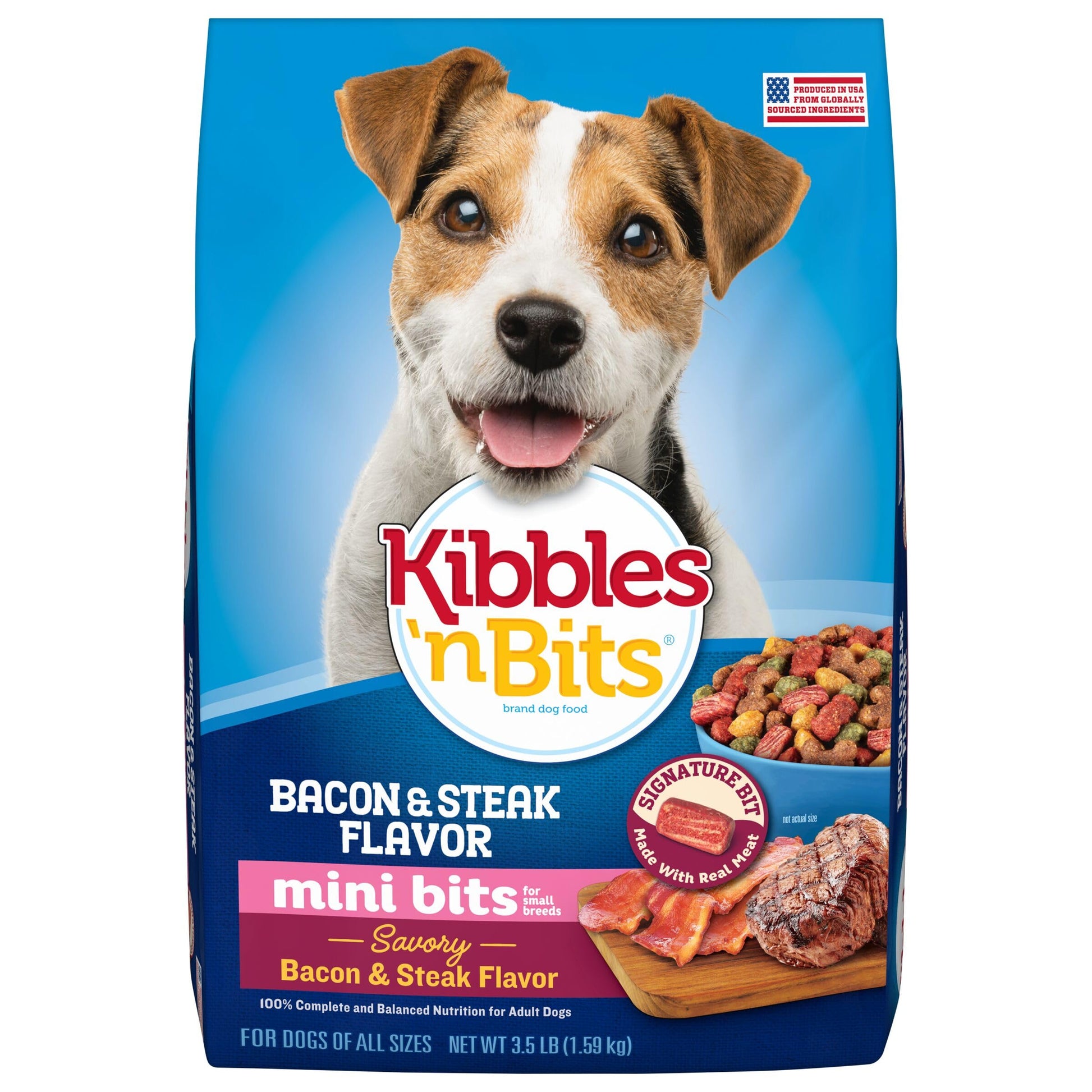 Kibbles 'n Bits Mini Bits Small Breed Dry Dog Food, Savory Bacon & Steak Flavor for Adult Dogs, 3.5 lb. Bag