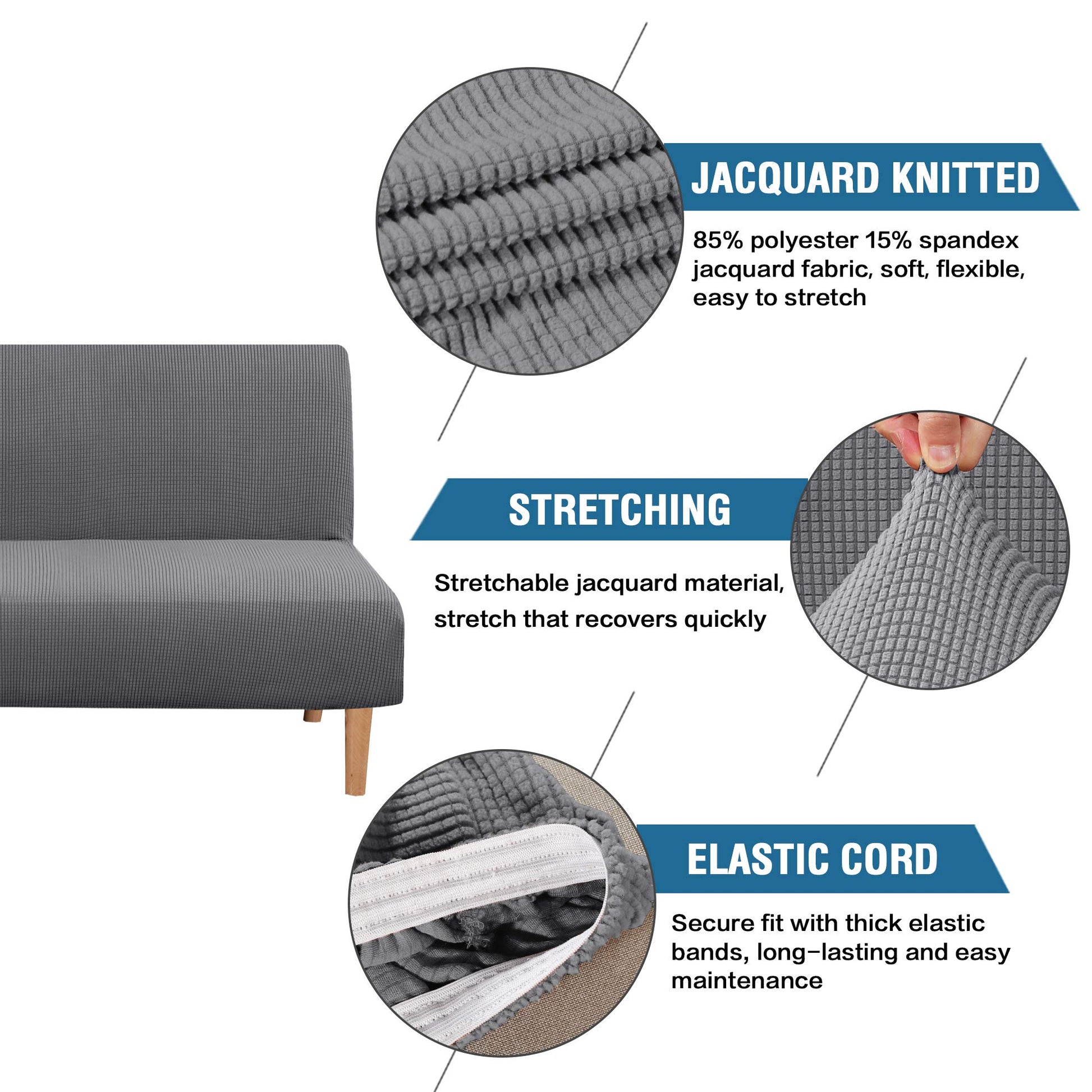 H.VERSAILTEX Armless Futon Cover Stretch Sofa Bed Slipcover Protector Elastic Feature Rich Textured High Spandex Small Checks Jacquard Fabric Futon Cover, Machine Washable, Gray