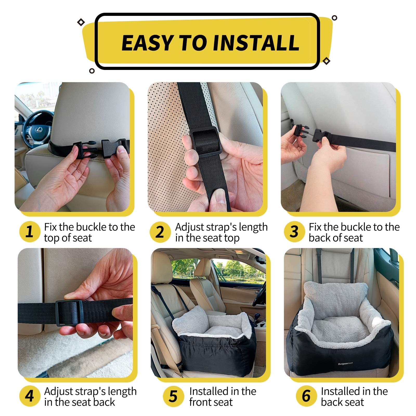 BurgeonNest Dog Car Seat for Small Dogs, Soft Pet Car Travel Home Bed Under 25 lbs, Fully Detachable and Washable Cat Booster Carseats with Storage Pockets and Clip-On Leash Portable Carrier,Black