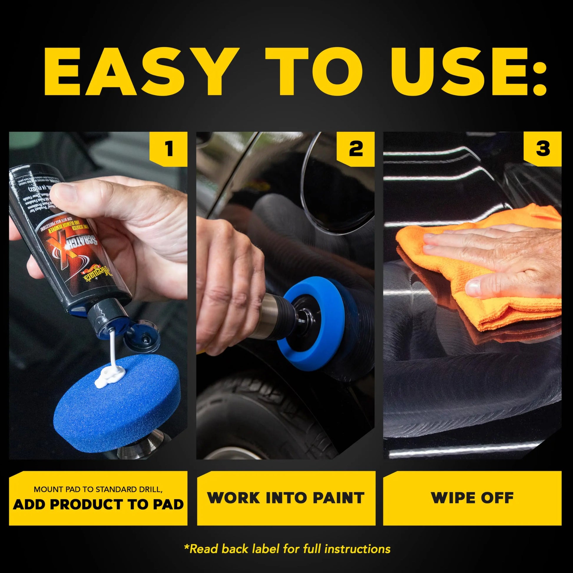 Meguiar's Quik Scratch Eraser Kit, Car Scratch Remover for Repairing Surface Blemishes, Car Care Kit with ScratchX, Drill-Mounted Pad, and Microfiber Towel, 4 Count