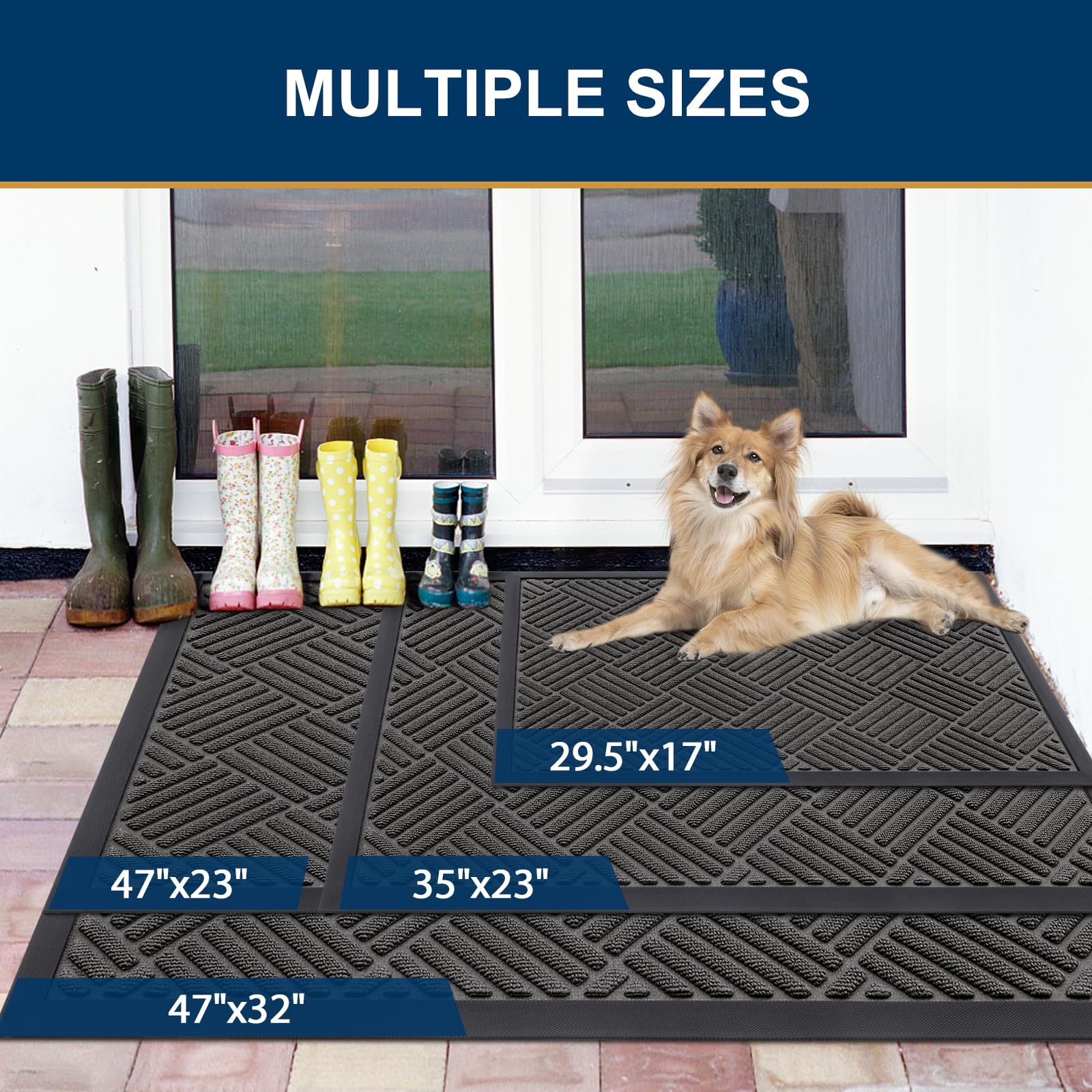 Smiry Front Door Mat Outside Entrance, Heavy Duty Outdoor Indoor Natural Rubber Doormat, Non Slip, Trap Dirt and Moisture, Easy Clean, Low Profile Patio Porch Entryway Mat, 29.5x17, Grey