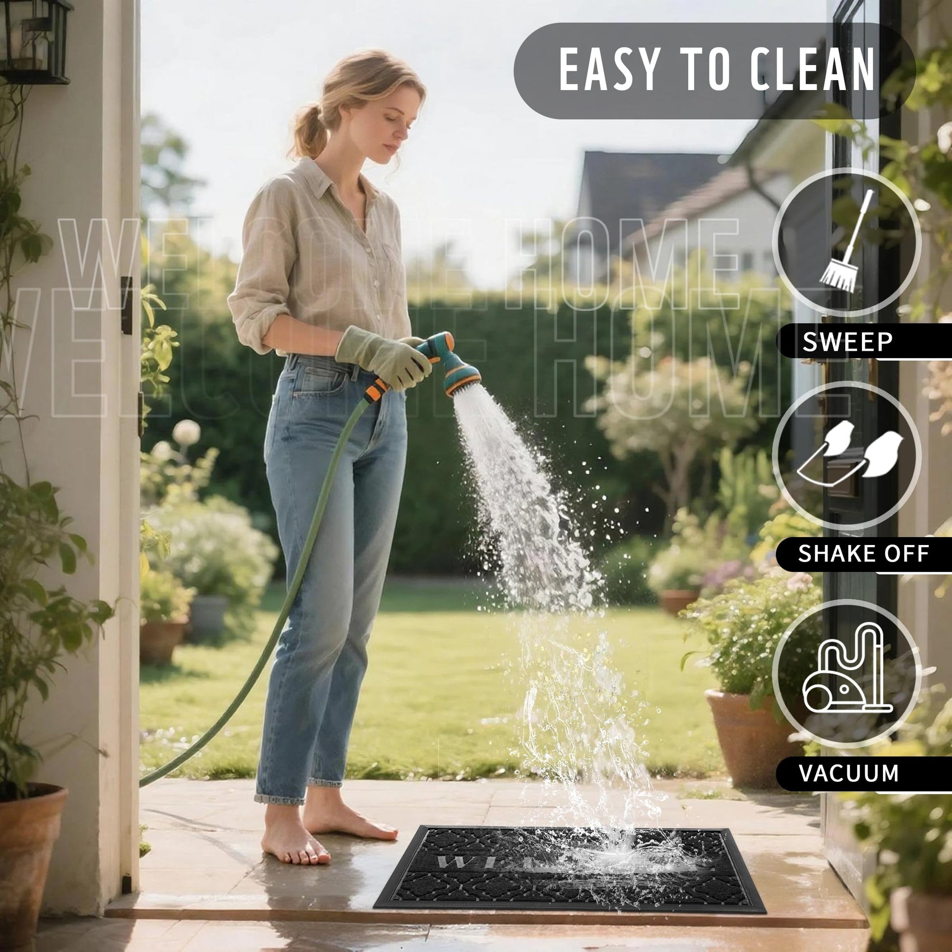 Yimobra Welcome Mat Outdoor Indoor 29.5x17, All-Weather Waterproof Front Door Mat Outside Entrance, Non-Slip Low Profile Porch Patio Doormat, Black