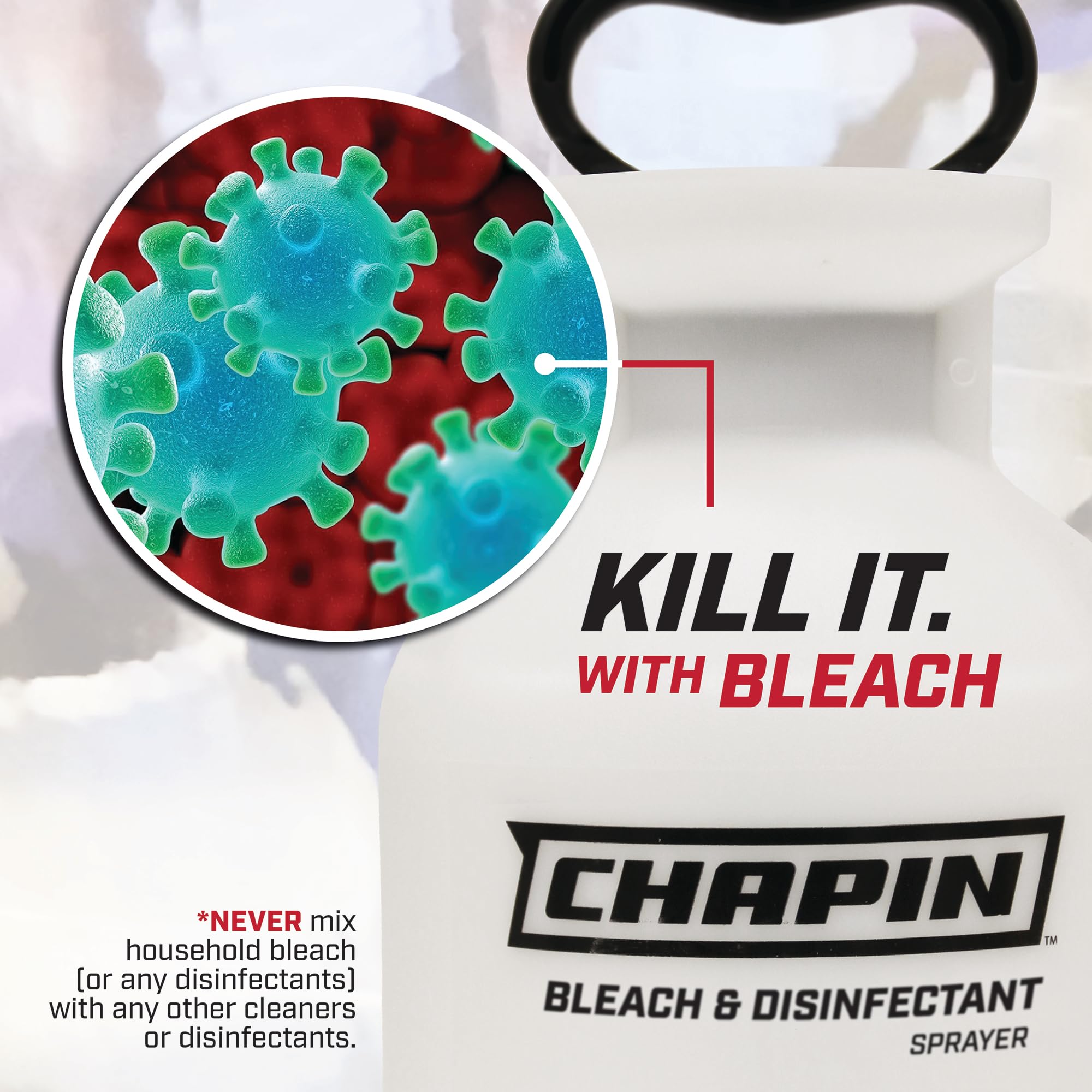 Chapin 20075 Disinfectant Bleach Sprayer, 1 Gallon, Made in The USA, Adjustable Cone Nozzle, Compatible with Bleach Solutions and Fungicides, Translucent White