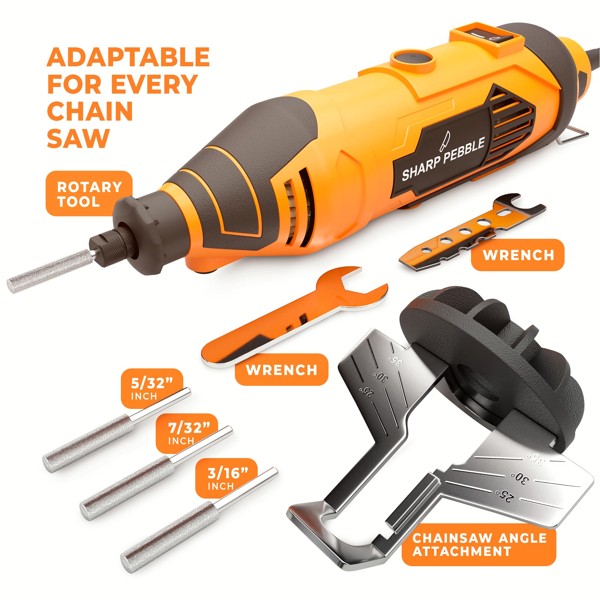 Sharp Pebble Electric Chainsaw Sharpener Kit - Comes with Chain Saw Sharpener Tool, 4 File Size Sharpening Wheel Bits, Angle Attachment, Wrench & eBook