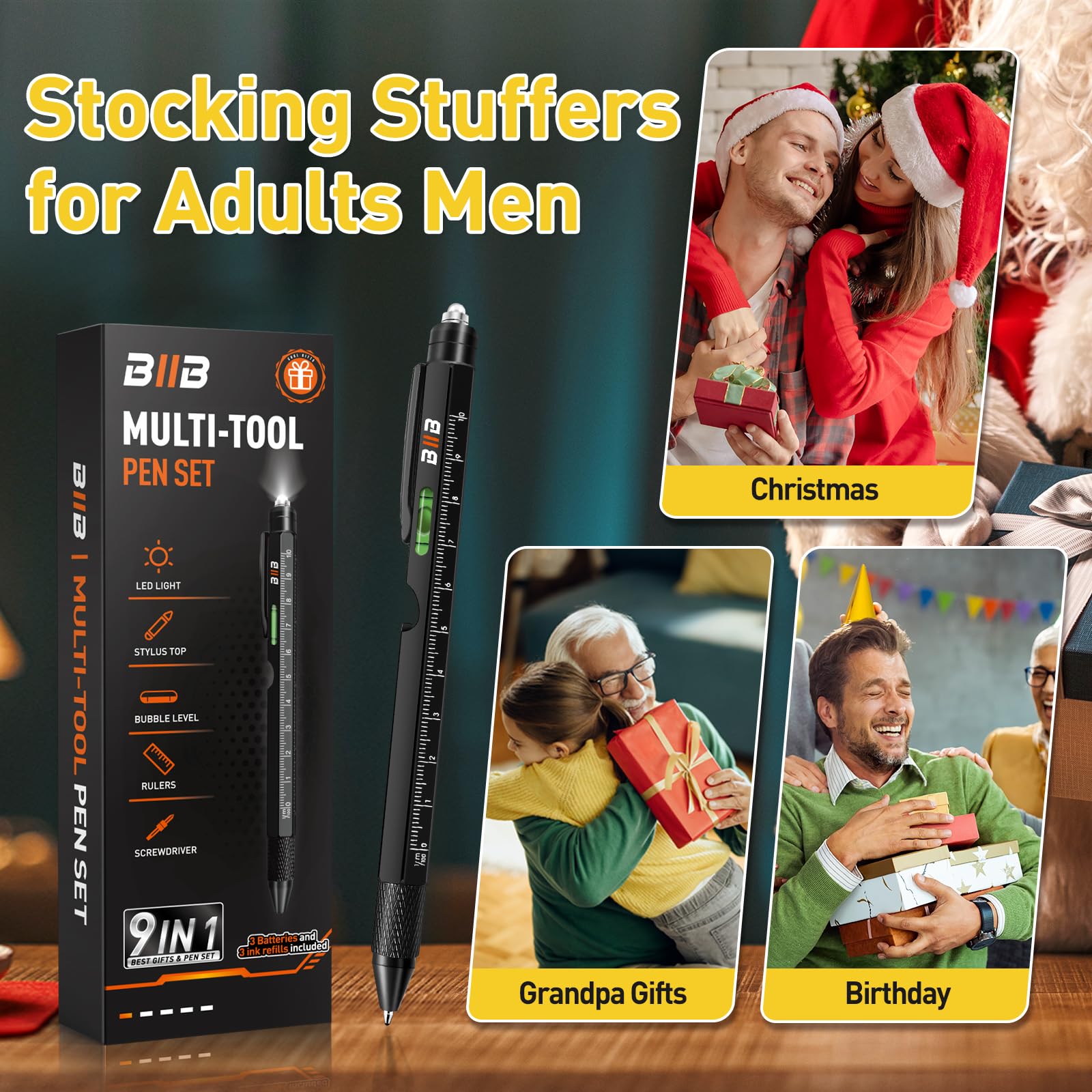 BIIB Gifts for Men, Stocking Stuffers for Adults Men 9 in 1 Multitool Pen, Mens Stocking Stuffers for Him, Mens Gifts for Dad Him Grandpa, White Elephant Gifts for Adults, Dad Gifts Gadgets for Men