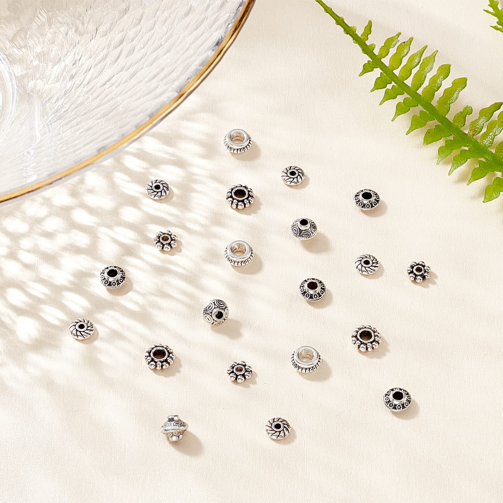 PH PandaHall 300pcs 6 Style Antique Silver Spacer Beads, Tibetan Metal Alloy Tube Spacers Flower Flat Rondelle Small Loose Beads for Bracelet Necklace Earring Jewelry Making Supplies