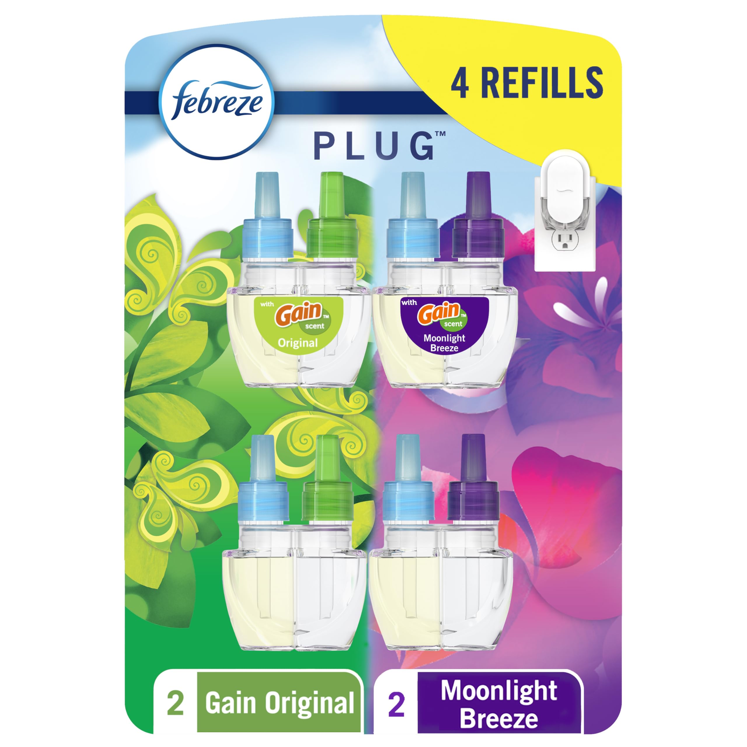 Febreze Odor-Fighting Fade Defy PLUG Air Freshener, Gain Moonlight Breeze, Gain Original, 0.87 fl. oz. Oil Refills, 4 Refills (2 of Each)