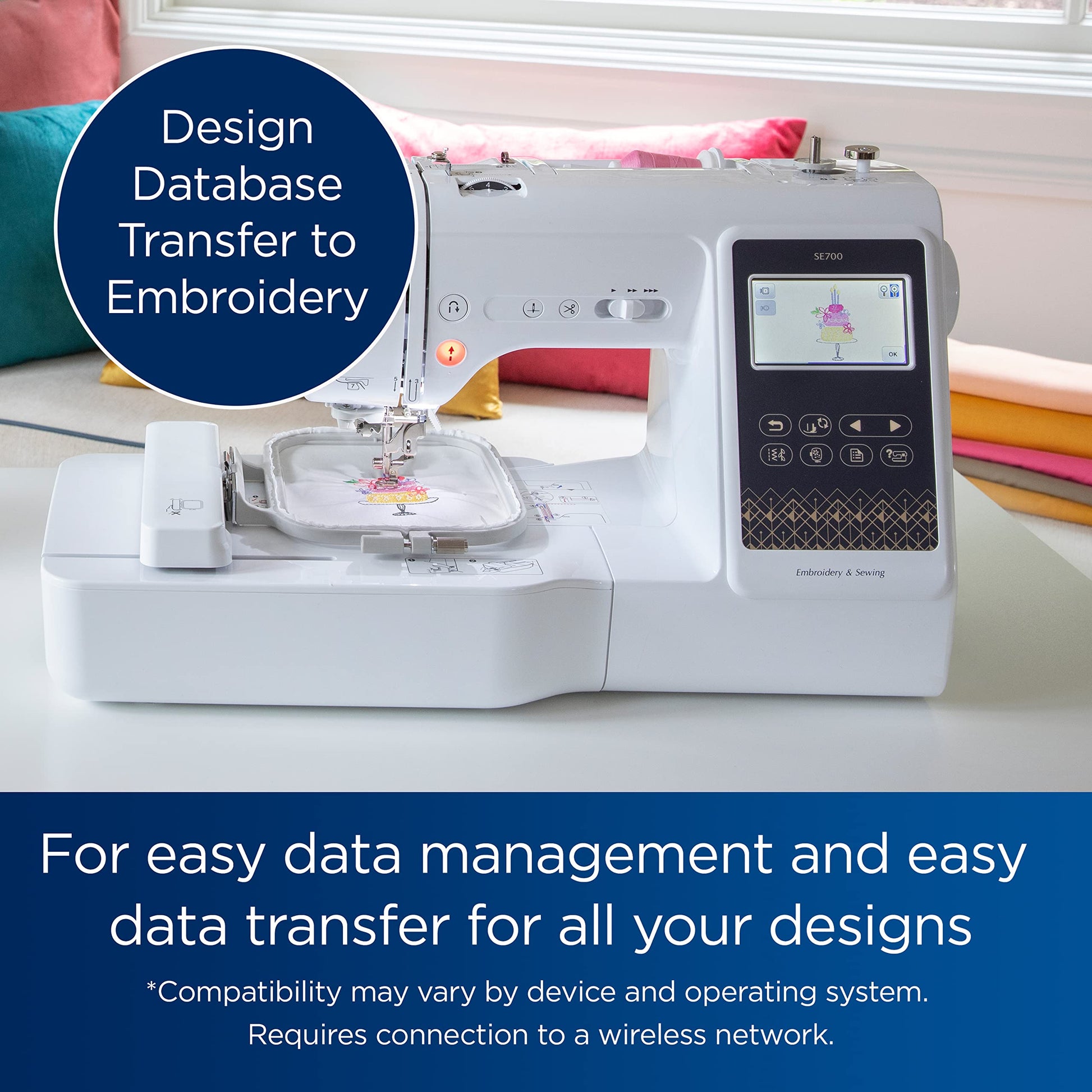 Brother SE700 Sewing and Embroidery Machine, Wireless LAN Connected, 135 Built-in Designs, 103 Built-in Stitches, Computerized, 4" x 4" Hoop Area, 3.7" Touchscreen Display, 8 Included Feet, White