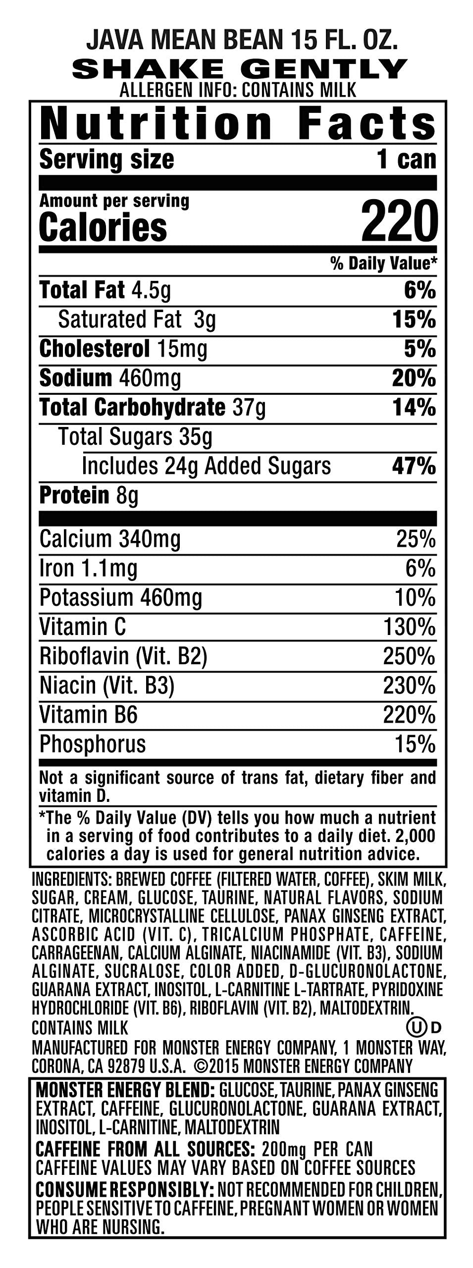 Monster Energy Java Monster Mean Bean, Coffee + Energy Drink, 15 Ounce (Pack of 12)