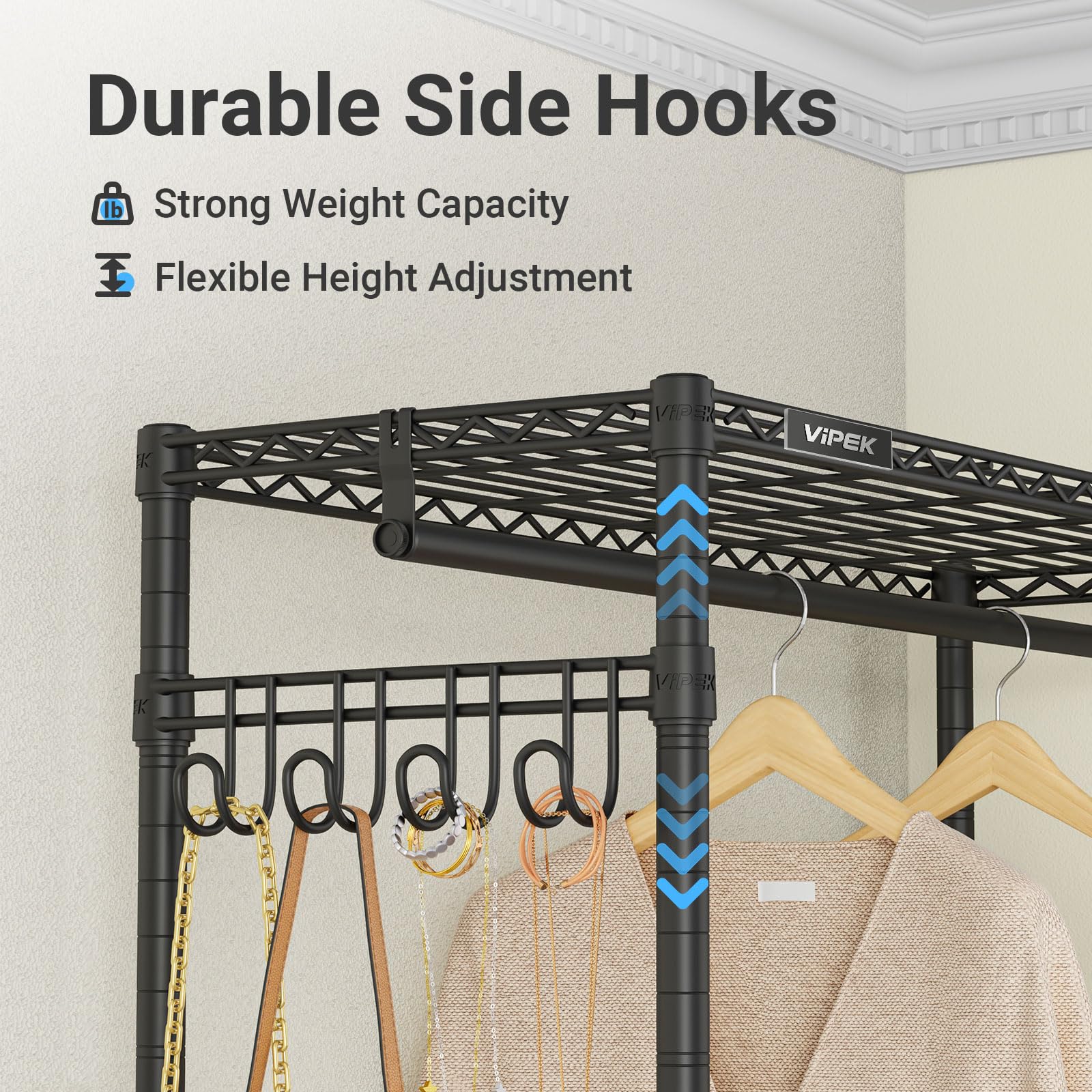 VIPEK R2 Plus Heavy Duty Rolling Garment Rack 3 Tiers Adjustable Wire Shelving Clothes Rack with Double Rods and Side Hooks, Freestanding Wardrobe Storage Rack Metal Clothing Rack, Black
