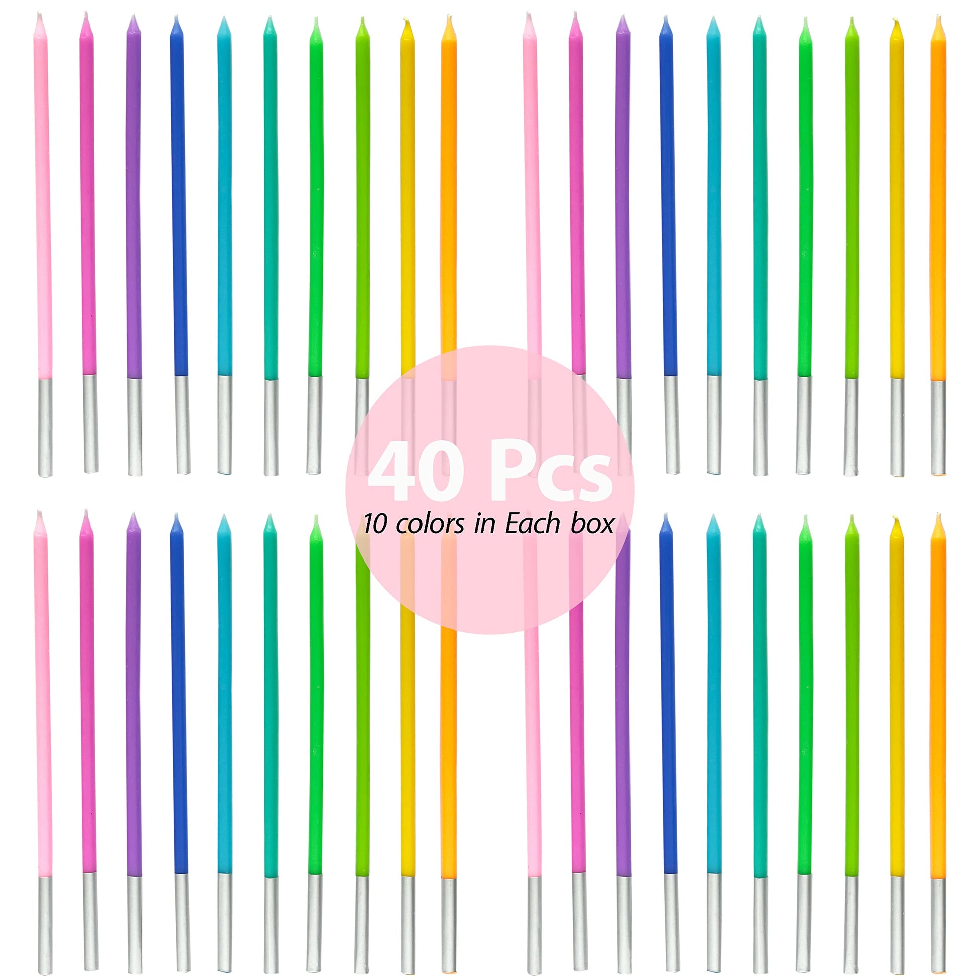 Apluselection 40-Count Rainbow Birthday Candles, Tall Thin Birthday Cake Candles Set, Rainbow Cupcake/Cake Decorations