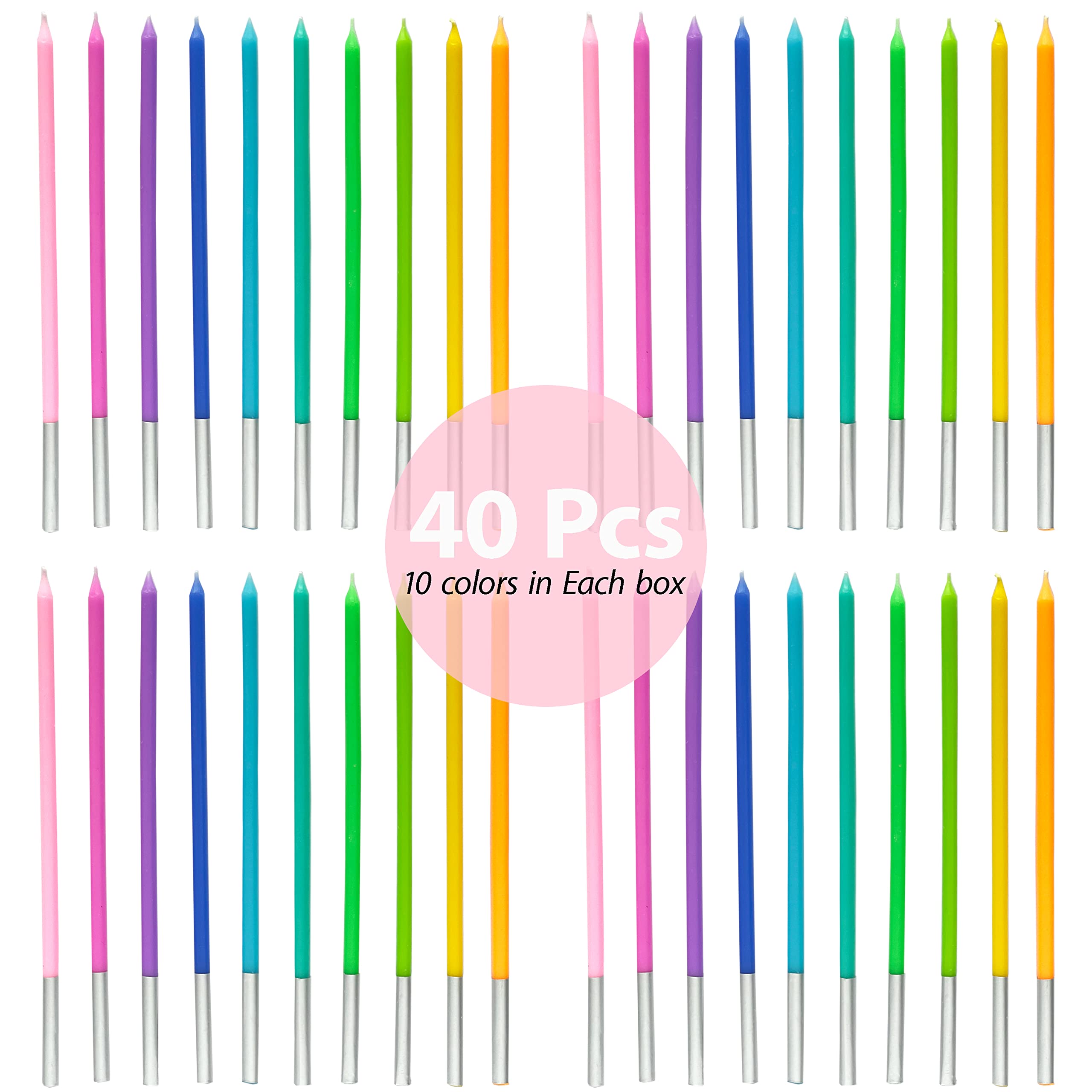 Apluselection 40-Count Rainbow Birthday Candles, Tall Thin Birthday Cake Candles Set, Rainbow Cupcake/Cake Decorations