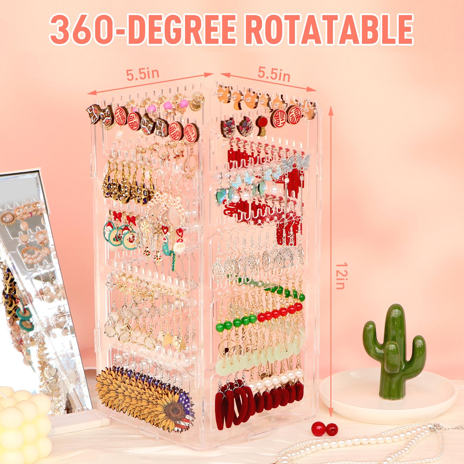 17Dec 360 Rotating Earring Holder Organizer Stand,5 Tiers Acrylic Jewelry Organizers and Storage,Stud Earring Organizers and Storage,228 Holes and 232 Grooves for Earrings Necklaces chain bracelet