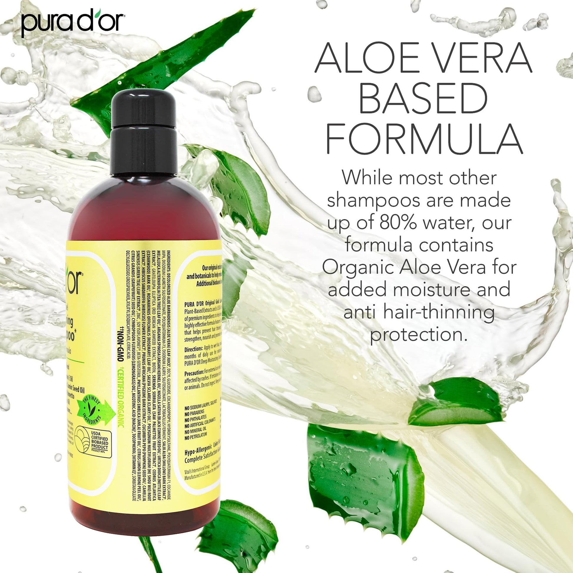 PURA D'OR Original Gold Label Anti-Thinning Shampoo Clinically Tested, Infused with Argan Oil, Biotin & Natural Ingredients, Sulfate Free, All Hair Types, Men and Women, 16 Fl Oz (Packaging may vary)