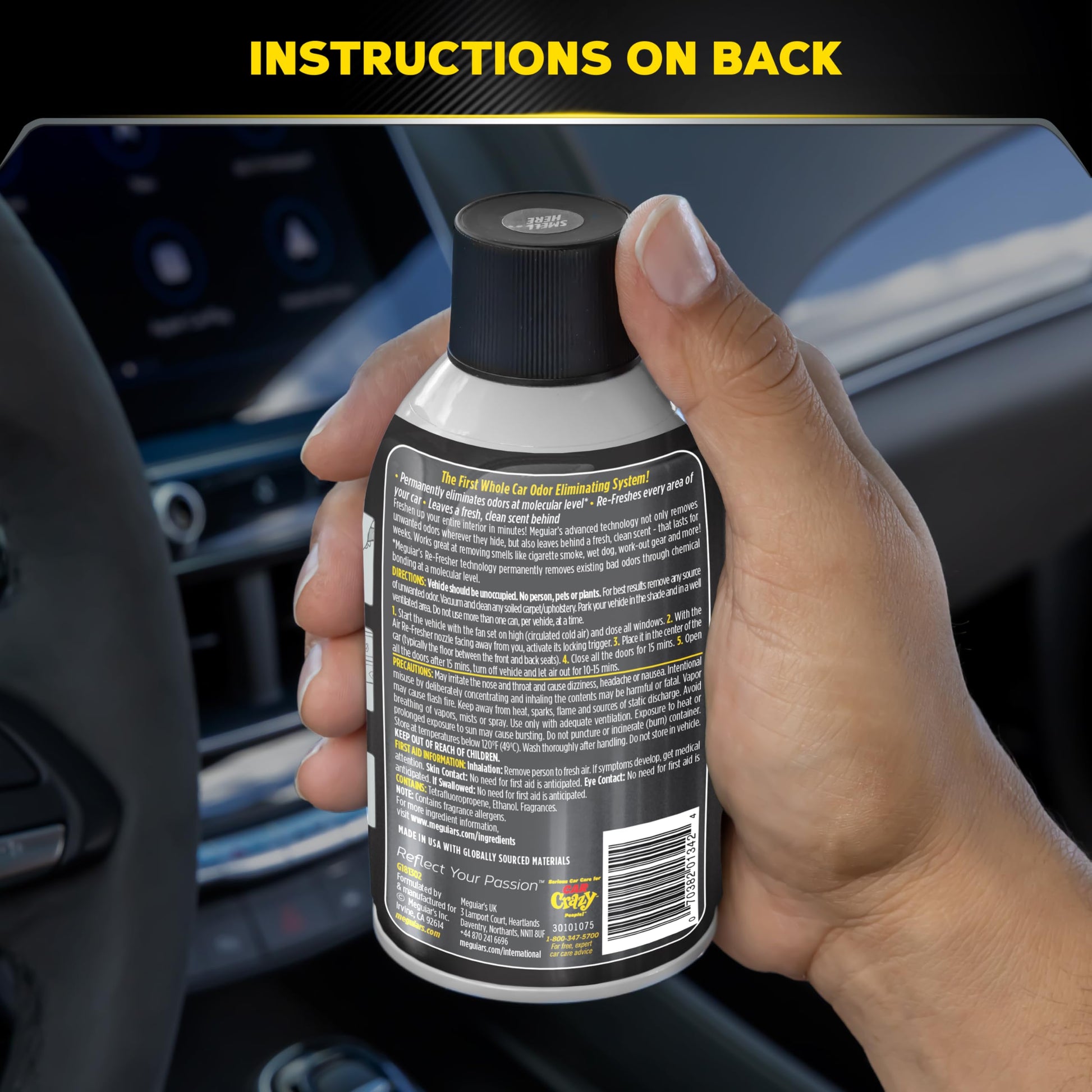 Meguiar's Whole Car Air Refresher, Car Odor Eliminator Spray Permanently Eliminates Unwanted Vehicle Odors Throughout Your Interior, Black Chrome Scent, 2 Oz Aerosol Canister
