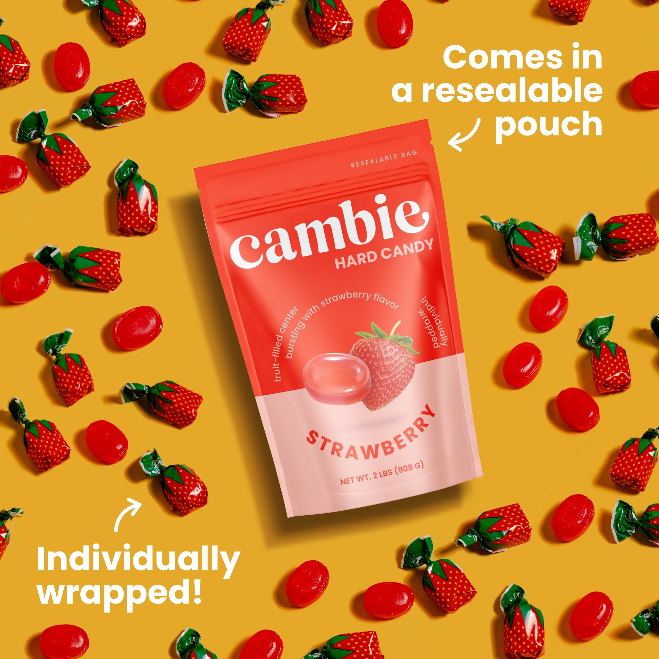 Strawberry Hard Candy Individually Wrapped – Cambie Bulk Candy with Fruit-Filled Center, 2 lbs Bon Bons for Piñata Filler, Candy Bags, Party Favors