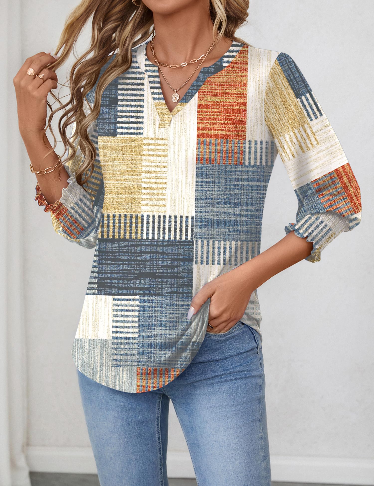 LOMON Blouses for Women Dressy Casual 3/4 Sleeve Tops for Women V Neck T Shirt Ladies Tops and Blouses Orange Blue Print L