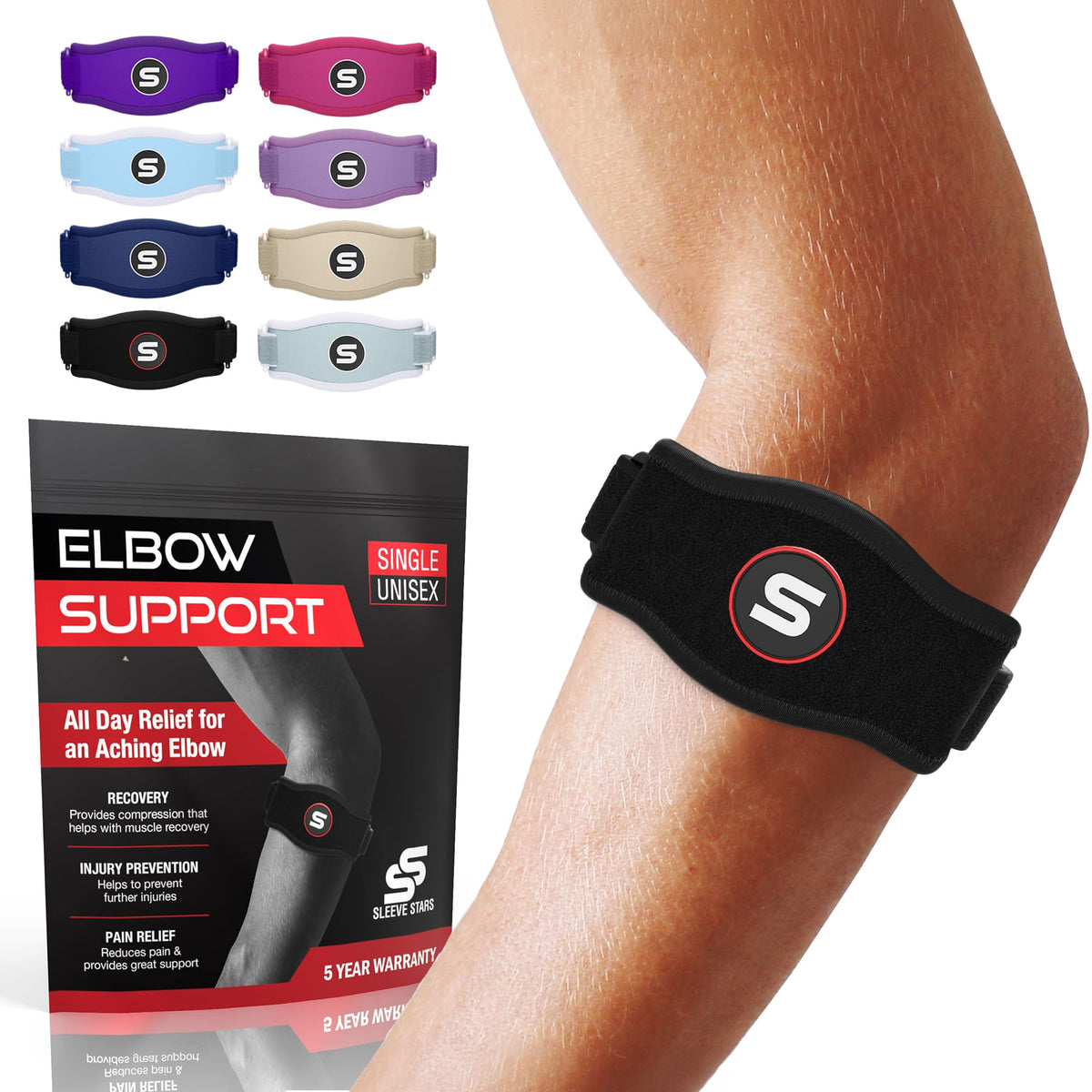 Sleeve Stars دعامة الكوع للتنس للنساء - حزام كوع التنس قابل للتعديل، دعامة كوع لاعب الجولف للرجال، دعامة مضادة للقوة لمرفق التنس لتخفيف التهاب الأوتار، تناسب 9 بوصة-23 بوصة (فردي/أسود)