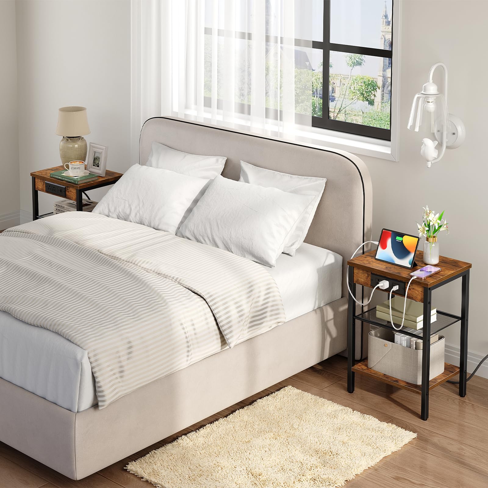 HOOBRO Side Table with Charging Station and USB Port, Small End Table for Small Space, 3-Tier Nightstand with Adjustable Shelf, for Living Room, Bedroom and Balcony, Rustic Brown BF112BZ01