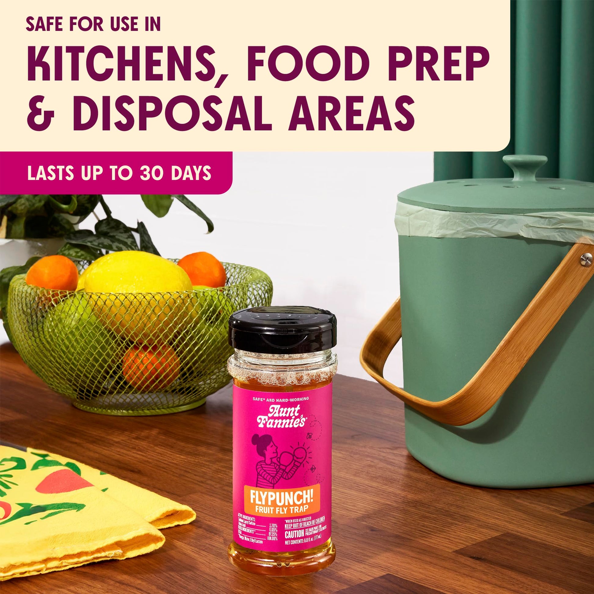 Aunt Fannie's FlyPunch Fruit Fly Trap for Indoor and Kitchen Use, Ready to Use, Made with Plant Based Ingredients, Safe Near Food, Each Bottle Lasts Up to 30 Days, Pack of 1