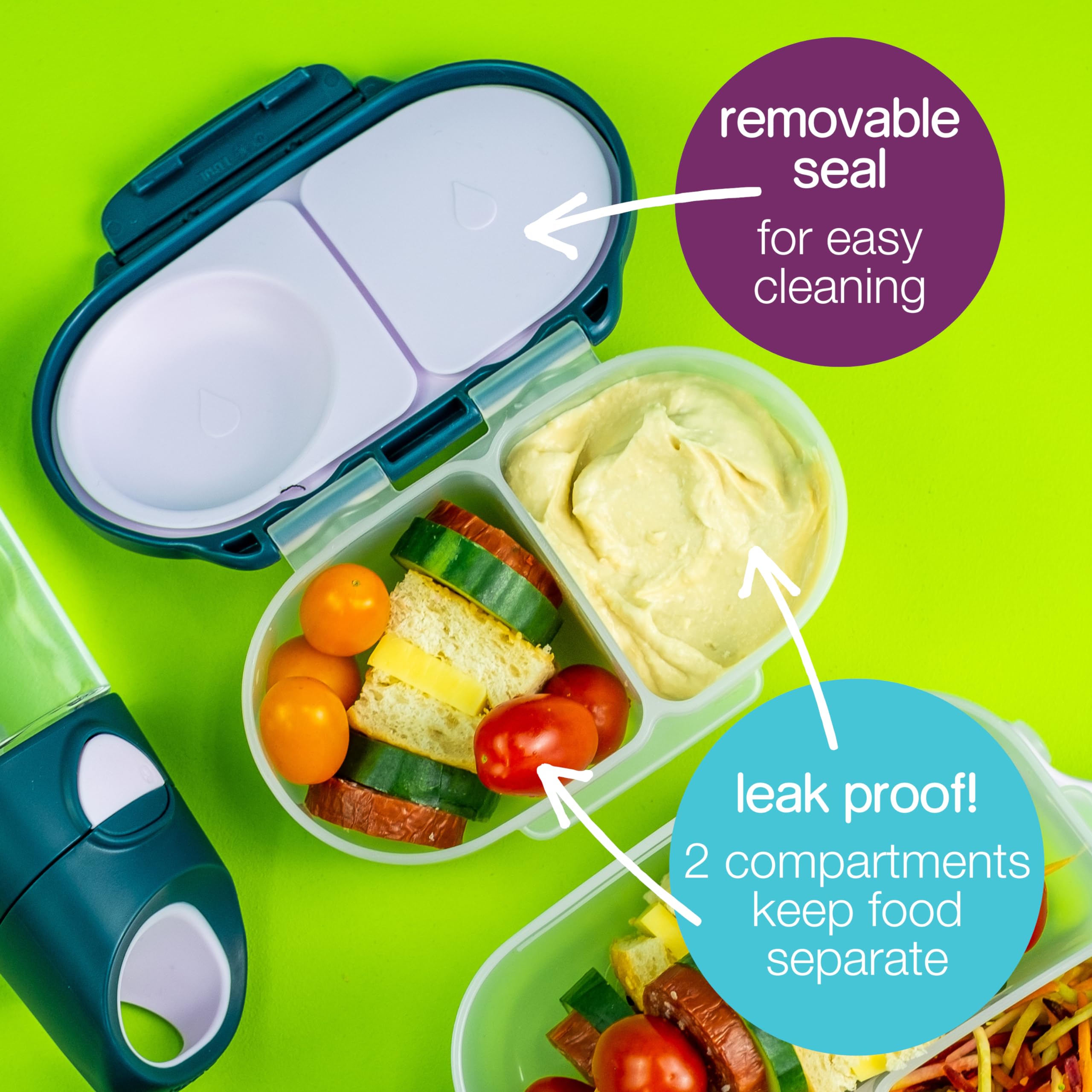 b.box Snack Box for Kids & Toddlers: 2 Compartment Snack Containers, Mini Bento Box, Lunch Box. Leak Proof, BPA free, Dishwasher safe. School Supplies. Ages 4 months+ (Ocean Breeze, 12oz capacity)