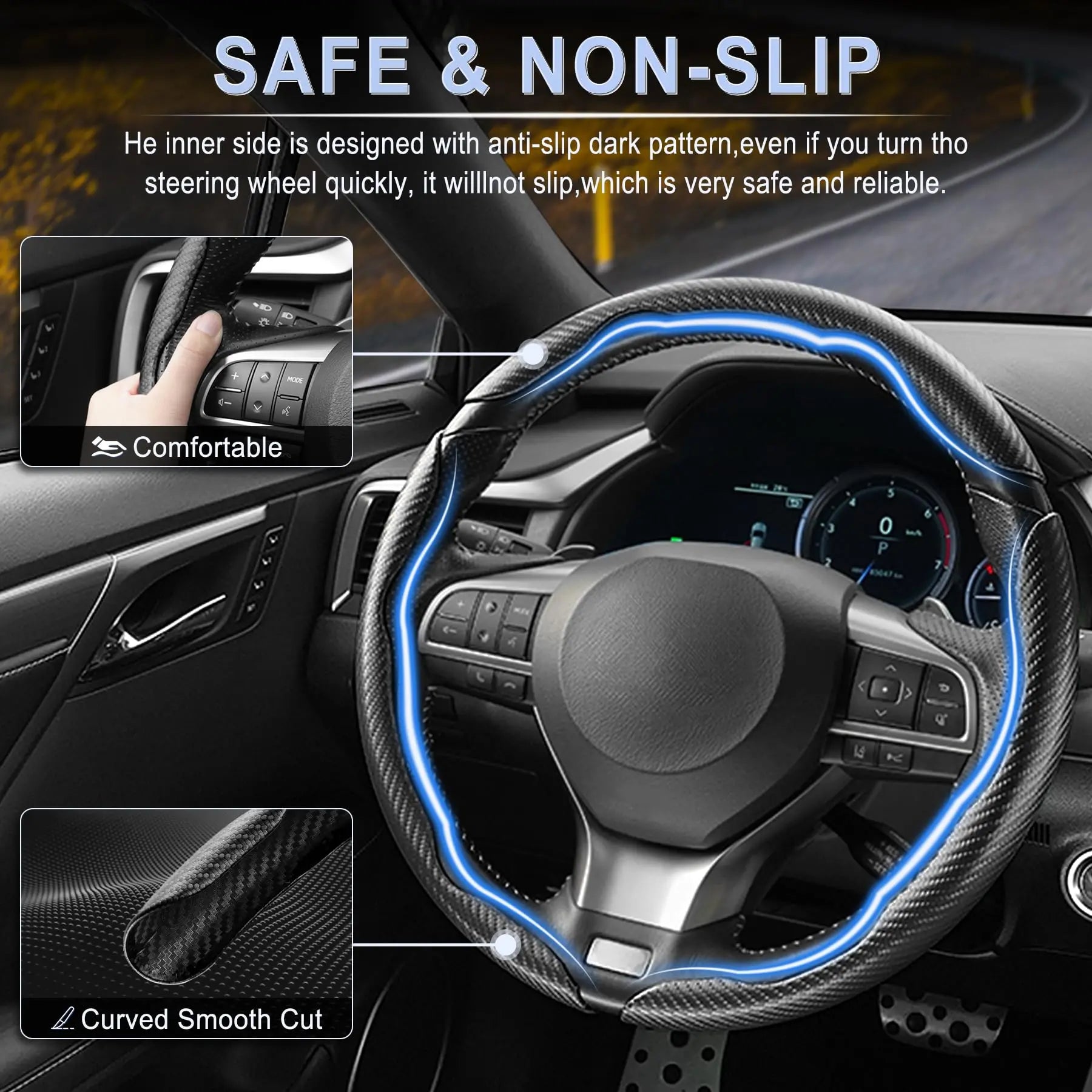 Amiss 3pcs Carbon Fiber Anti-Skid Steering Wheel Cover, Segmented & Butterfly Design, Universal 99% Car Wheel Cover Protector, Black