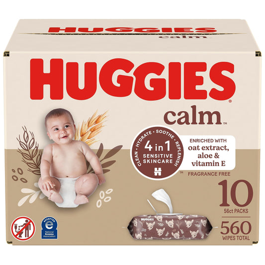 Huggies Calm Baby Wipes, Unscented, Hypoallergenic, 10 Push Button Packs (560 Wipes Total)