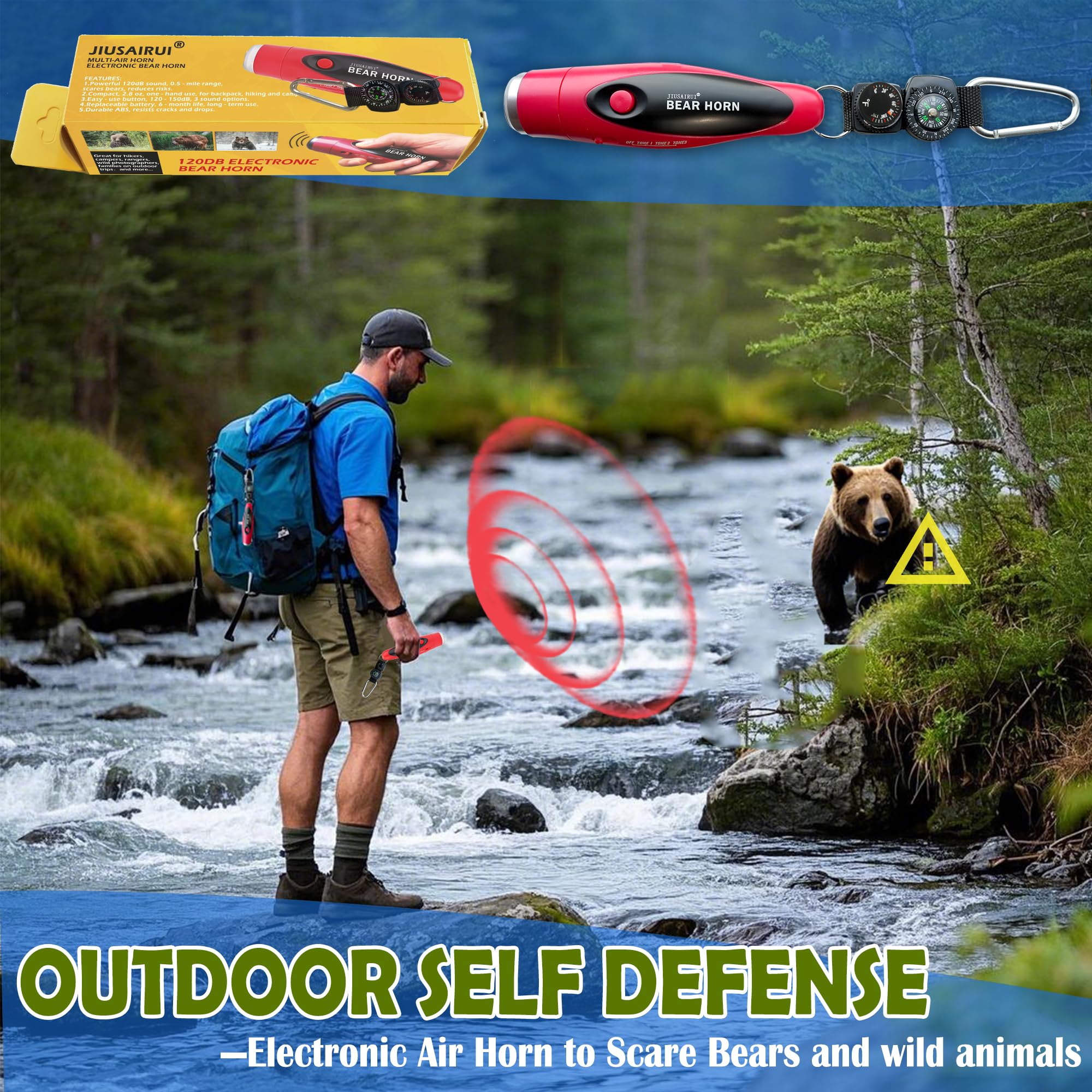 JIUSAIRUI 120dB Electronic Air Horn with Compass & Thermometer- Bear Horn to Scare Bears - Self Defense for Hiking