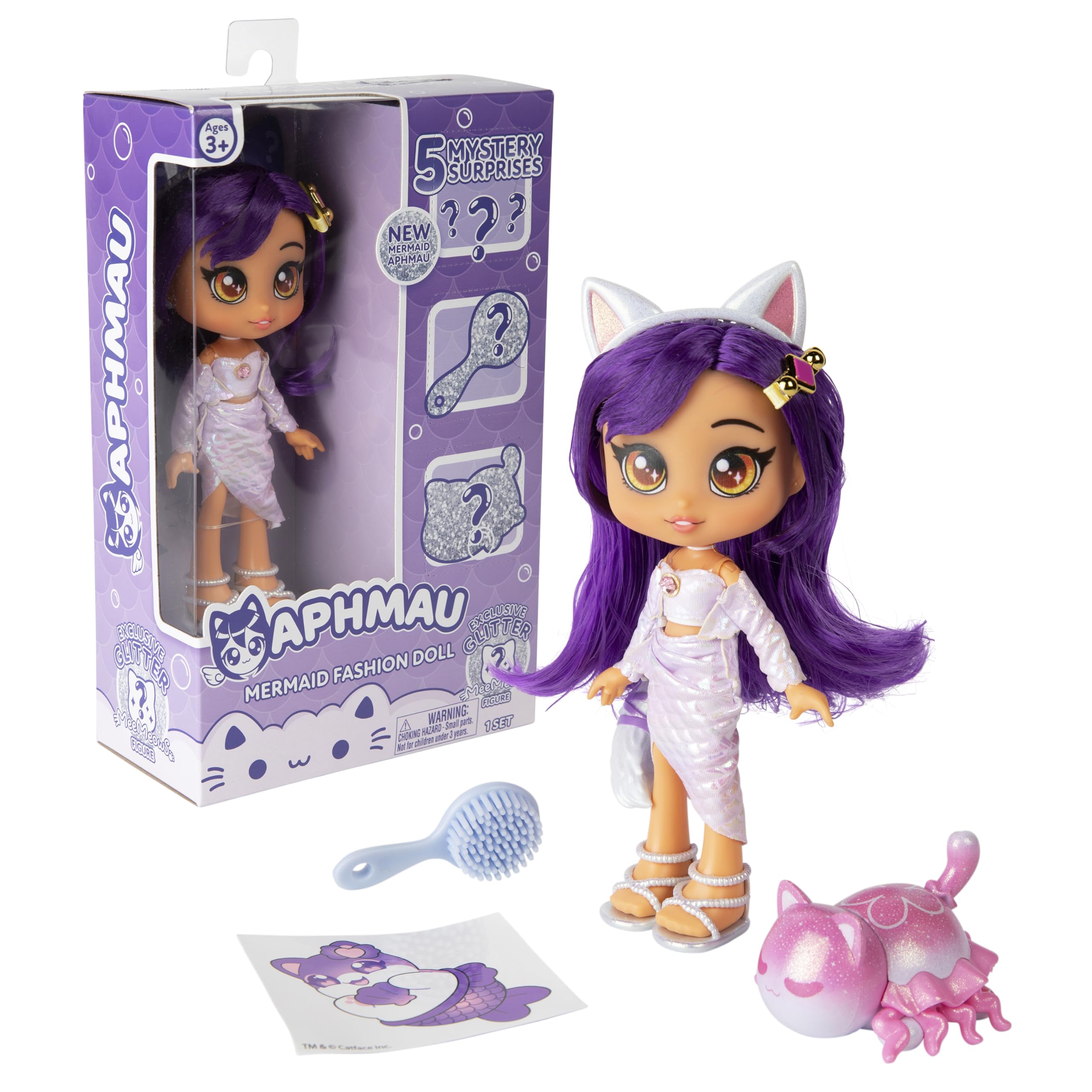 Aphmau Fashion Doll & Accessories Mermaid, 5 Mystery Surprise Toys, Exclusive Glitter MeeMeows Mini Figure, Official Merch