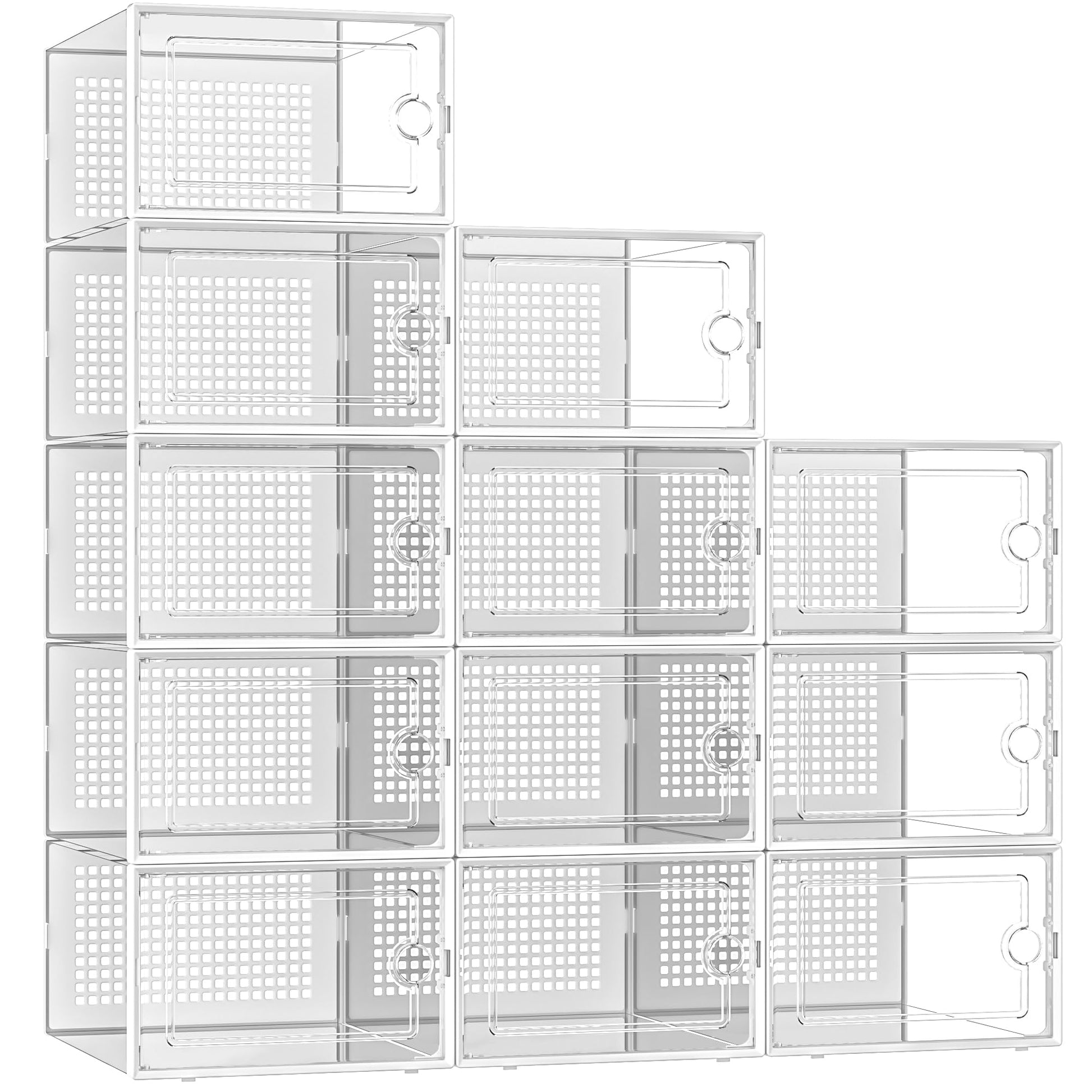 Kuject X-Large Shoe Storage Boxes Organizers Clear Plastic Stackable 12 Pack, Shoe Rack & Holder Substitute, Sneaker Containers, Toy Storage Organizer Bins for Entryway, Closet, Under Bed, Black