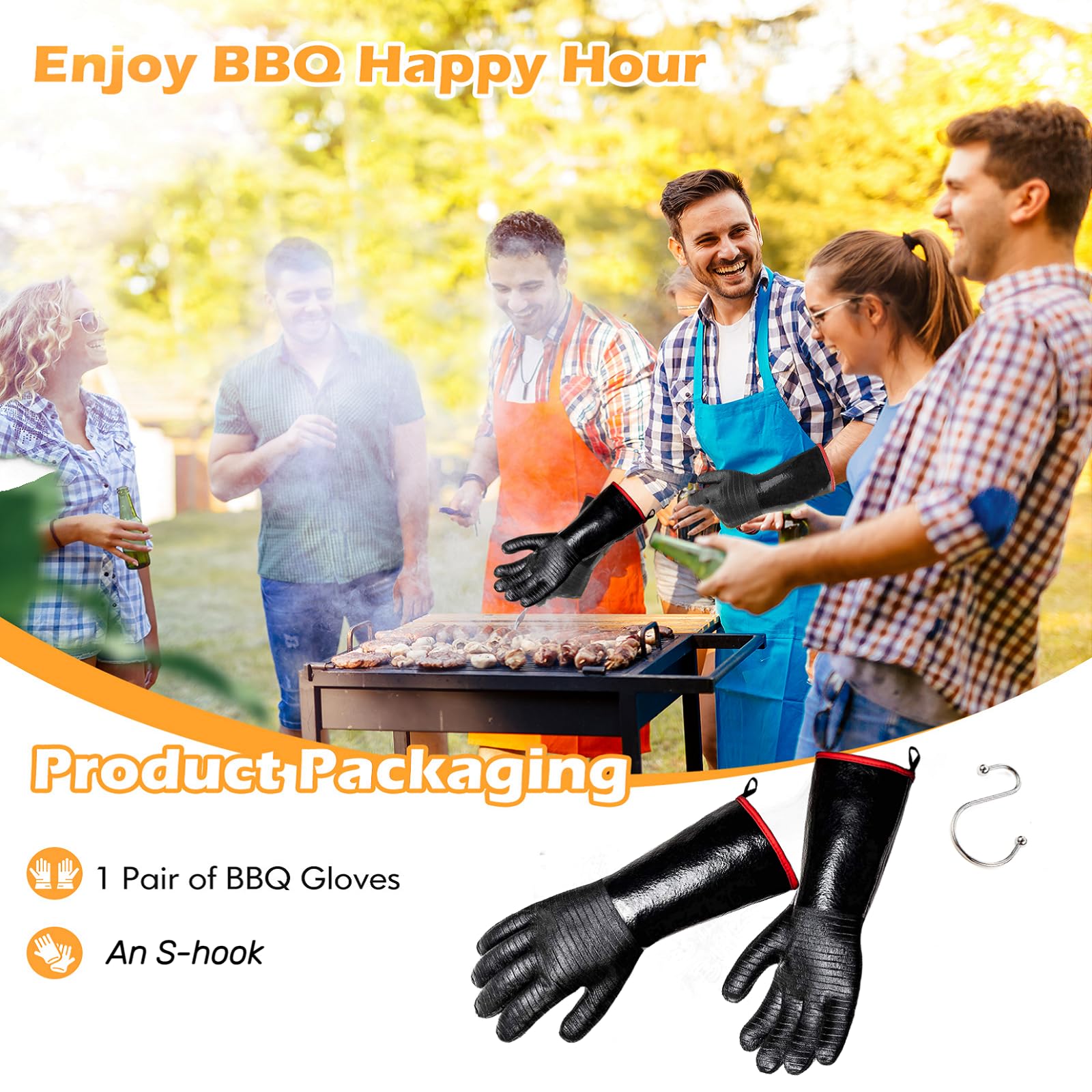 JENPOS BBQ Gloves - 1472°F Thicken Heat Resistant Gloves w/S-Hook 14 in Kitchen Oven Mitts Waterproof Grill Gloves Oil Resistant Grilling Gloves Cooking Gloves for Turkey Fryer/Baking/Oven/Smoker