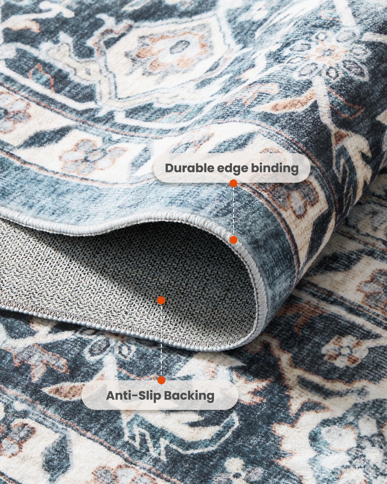 AMADA HOMEFURNISHING 8x10 Washable Area Rug, Low-Profile Large Area Rug with Non-Slip Backing & Durable Edge Binding, Vintage Large Rugs for Living Room, Bedroom, Dinning Room