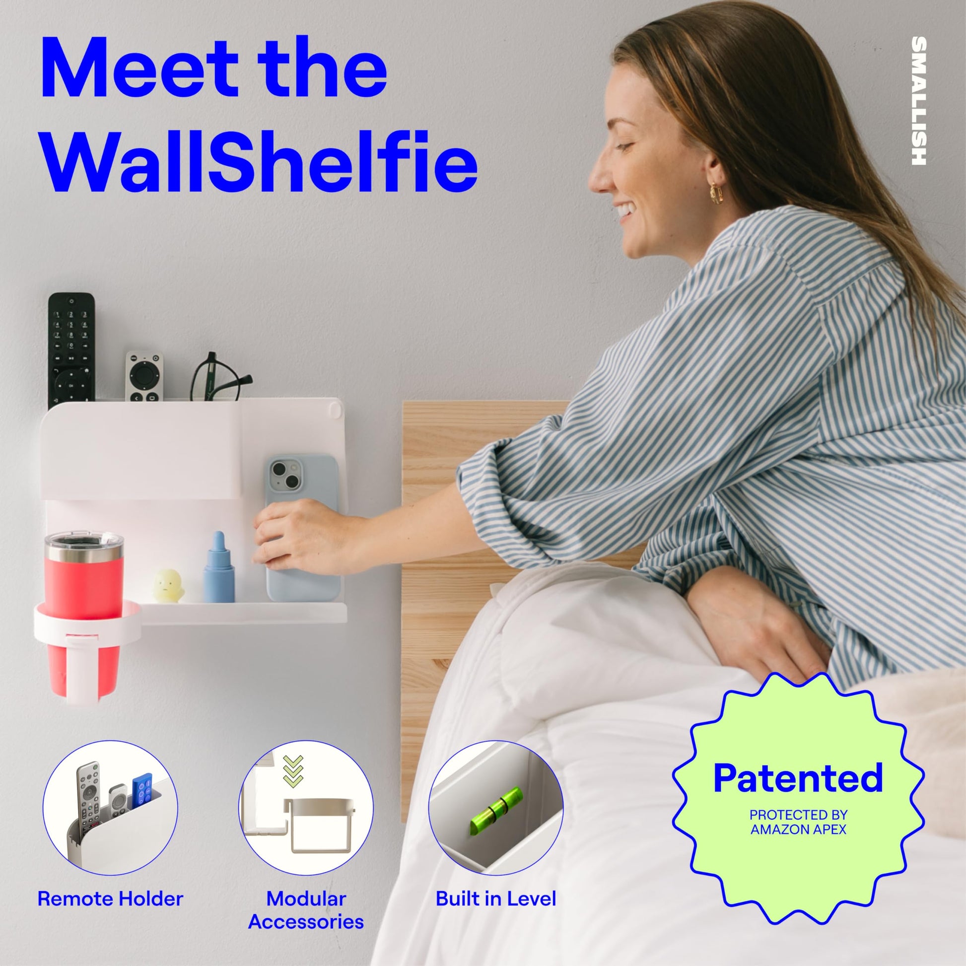 WallShelfie Bedside Wall Organizer - Room Decor, Dorm Room Essential, Floating Bedside Shelf Wall Mount, Makeup Organizer, Remote Control Holder, Room Accessories, Floating Shelves (White)