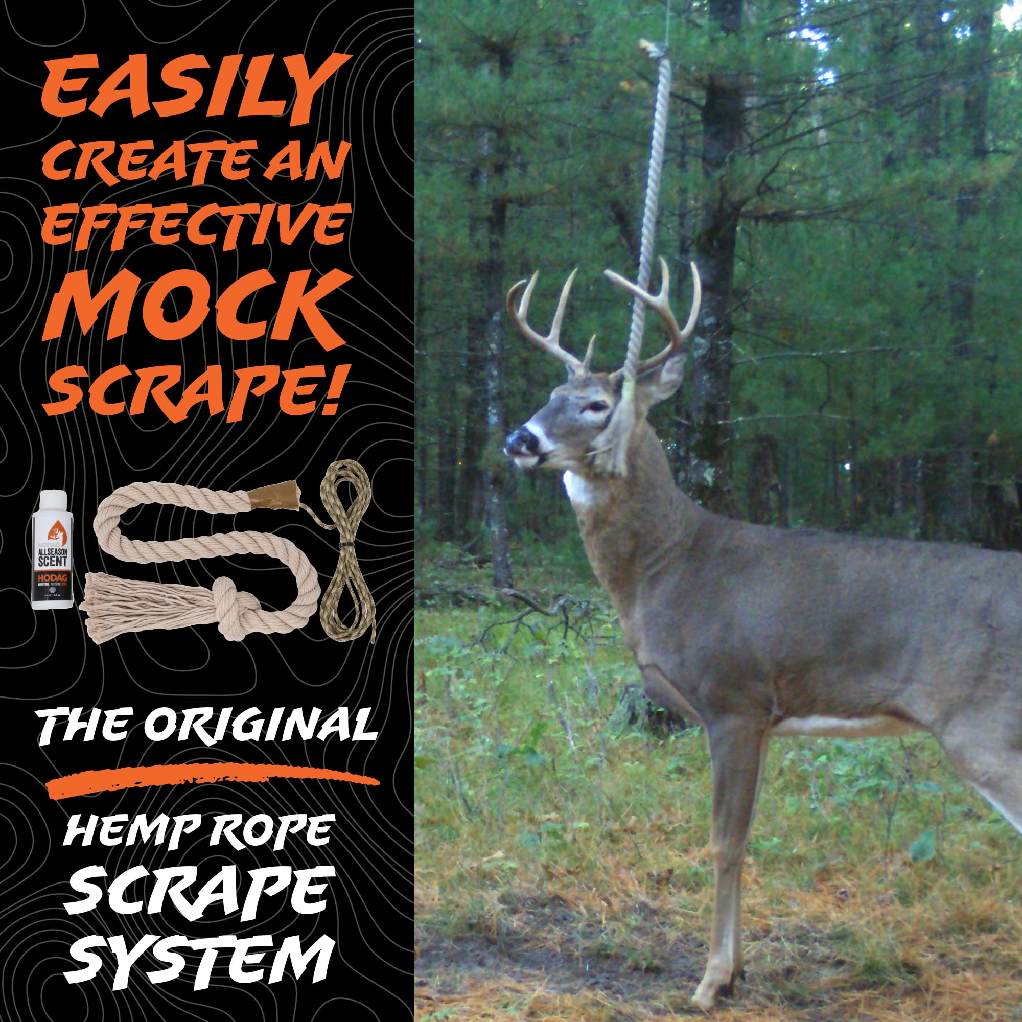 HODAG HempScent Rope for Deer Hunting – Effective Whitetail Attractant & Lure – Easy to Set Up Mock Scrape Kit with 4 oz AllSeason Scent - Buck or Doe Urine, Estrus Dripper Alternative (Single-Setup)