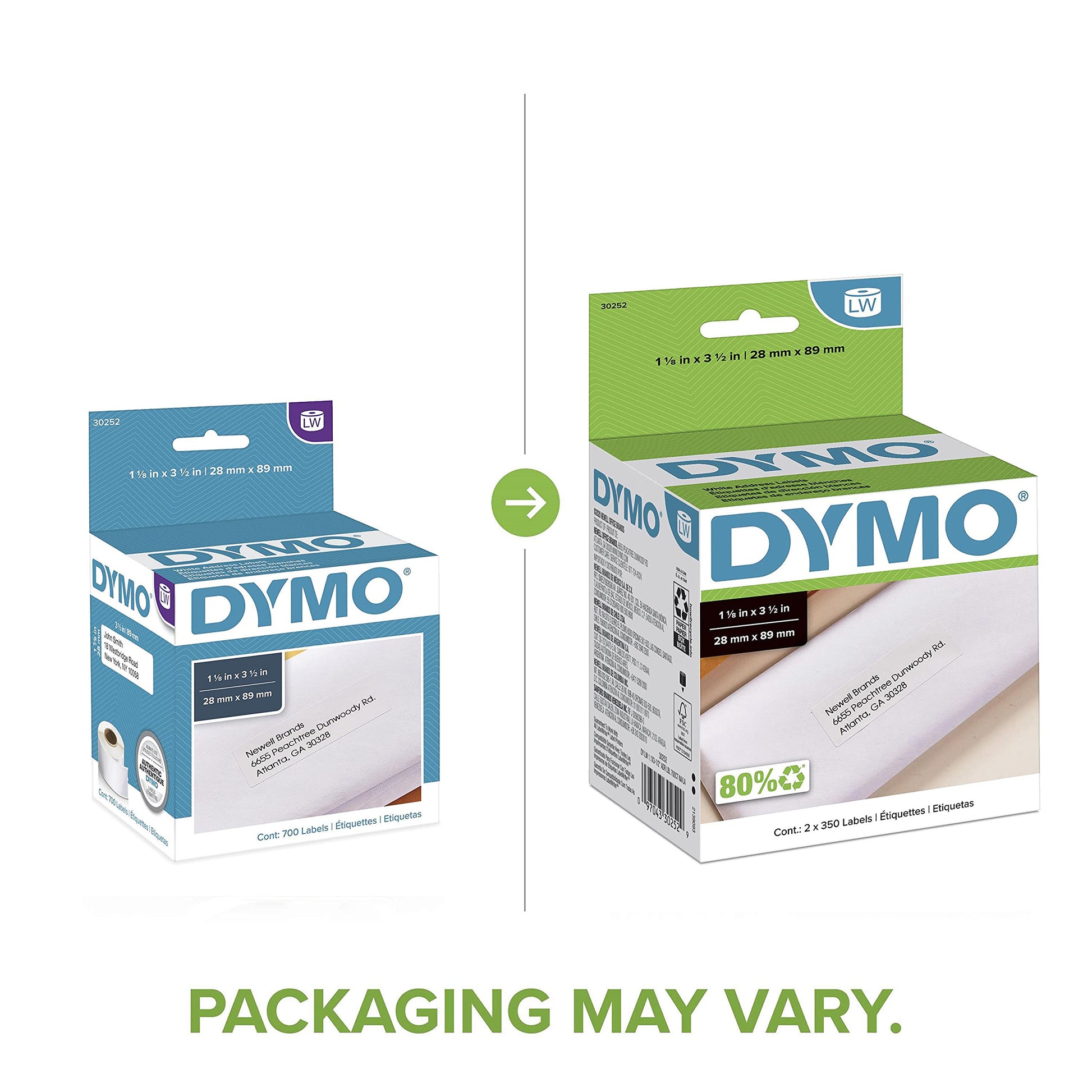 DYMO Authentic LW White Mailing Address Labels, DYMO Labels for LabelWriter Label Printers, 1-1/8" x 3-1/2", 2 Rolls of 350 (700 Total)