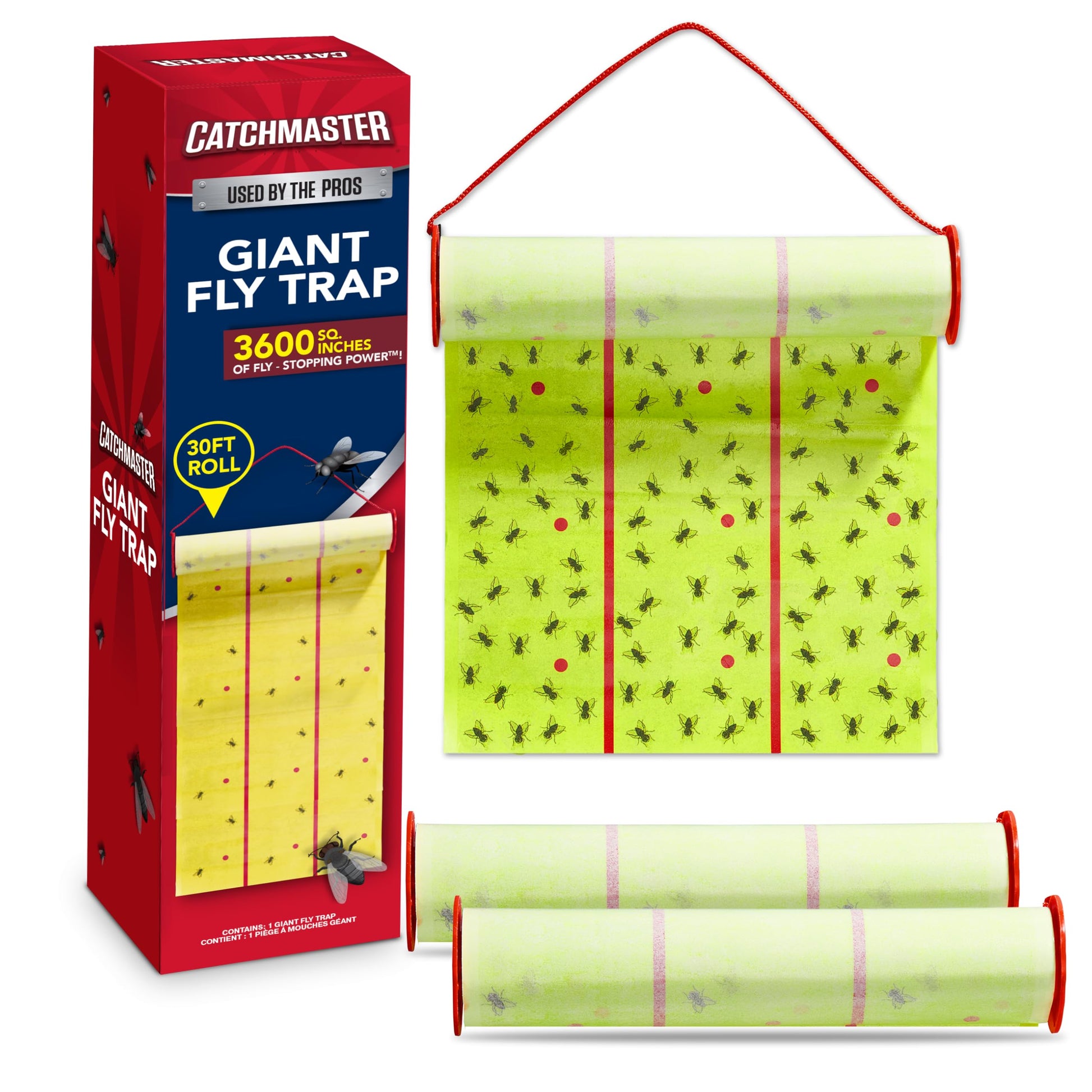 Catchmaster Giant Fly Glue Trap 3-Pack 30 Feet Each, Adhesive Fly Traps Outdoor, Sticky Bug Catcher, Bulk Flying Insect Paper Roll, Pet Safe Pest Control for Garage, Barn, Greenhouse & Garbage Room