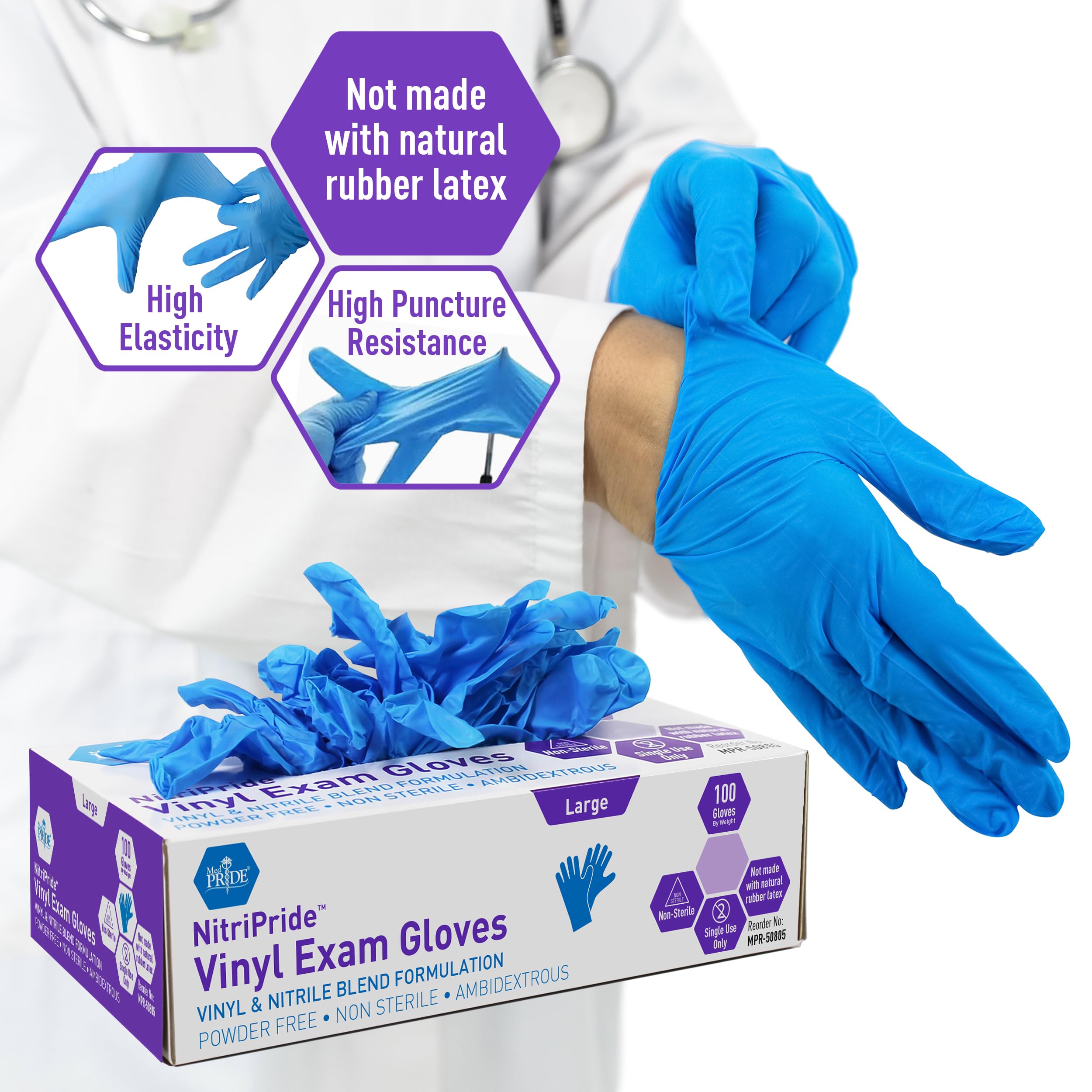 MED PRIDE Disposable Medical Vinyl Exam Gloves Single Use Nitrile-Vinyl Blend Exam Gloves, Large 100 - Powder Free, Latex Free & Rubber Free - Single Use Non-Sterile Protective Gloves
