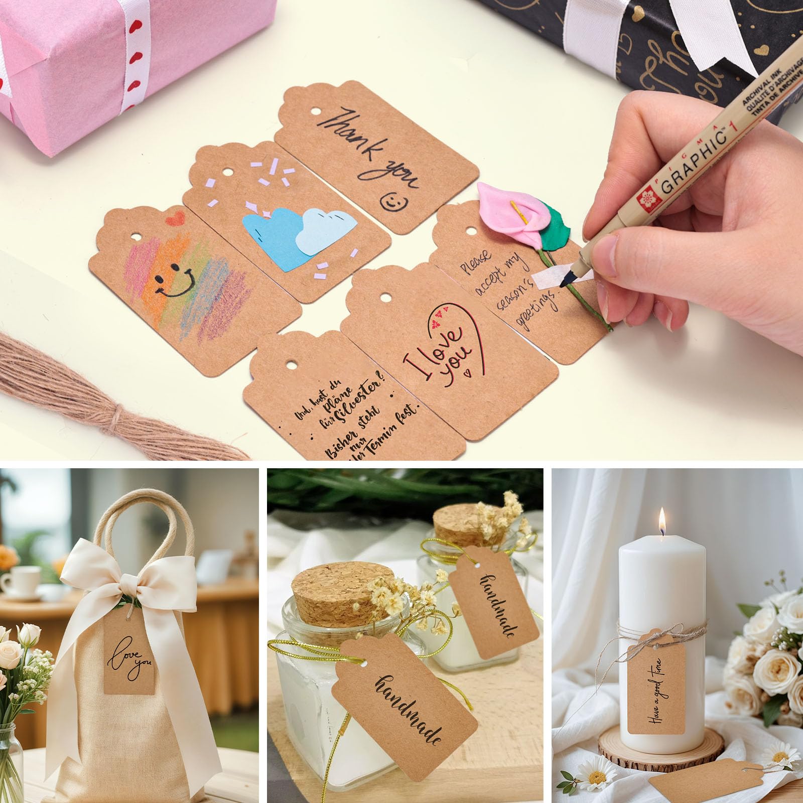 SallyFashion 100pcs Gift Tags with String Attached, 1.7 x 2.8 inch Kraft Paper Hang Tags for Clothes DIY Crafts Wedding Holiday (Brown)