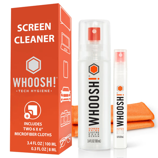 WHOOSH! Laptop Screen Cleaner Spray and Wipe - 3.4 + 0.3 fl oz + 2 Microfiber Cloths - Duo with Large & Travel Size Bottles for Eyeglass Cleaner, Car Screen & Phone Cleaner - iPhone Cleaning Kit