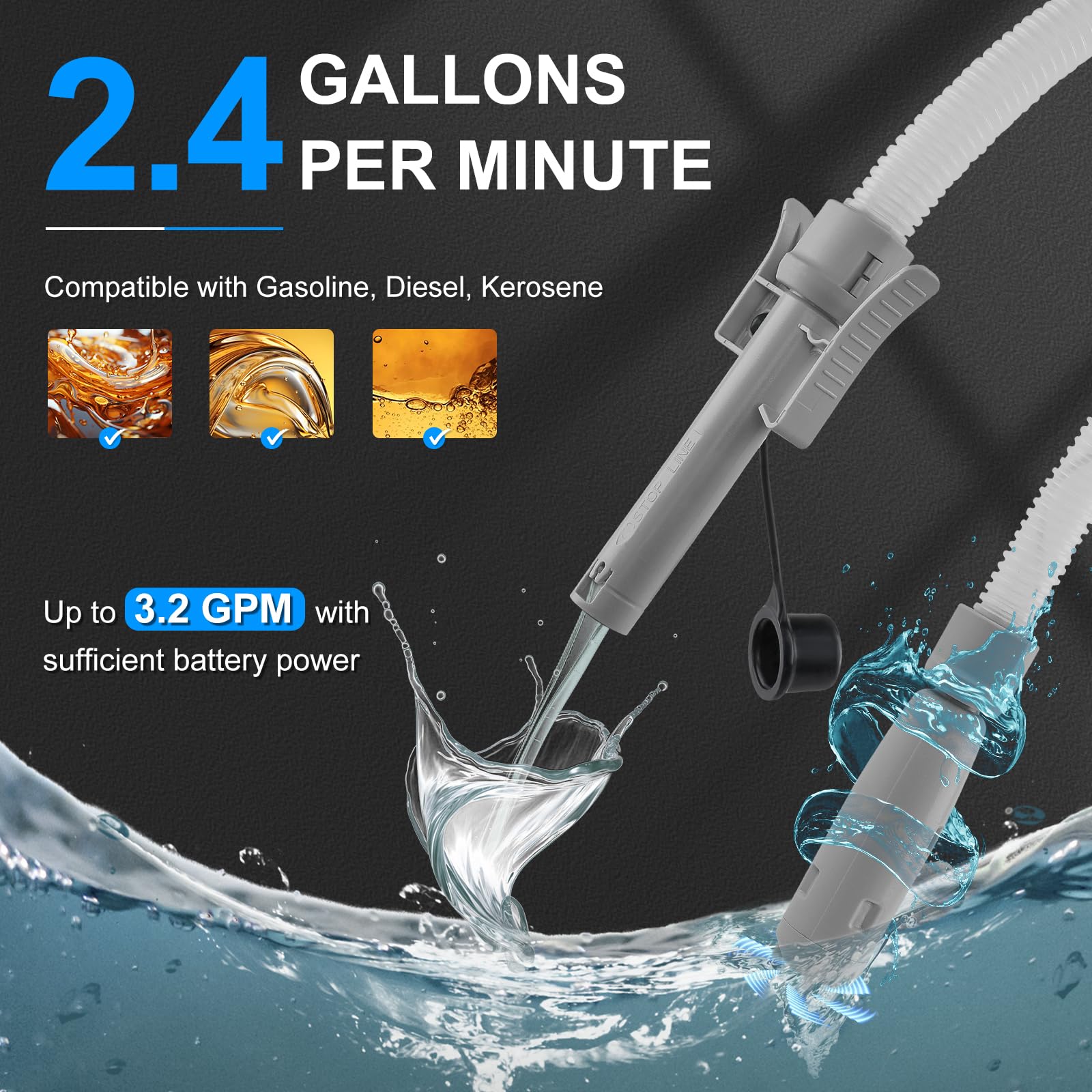 SKYJDM Fuel Transfer Pump with Auto-stop Sensor and 4 Tank Adapter, 2.4GPM 51" Hose Battery-Powered Portable Liquid Pump for Gasoline & Diesel Oil (Red)