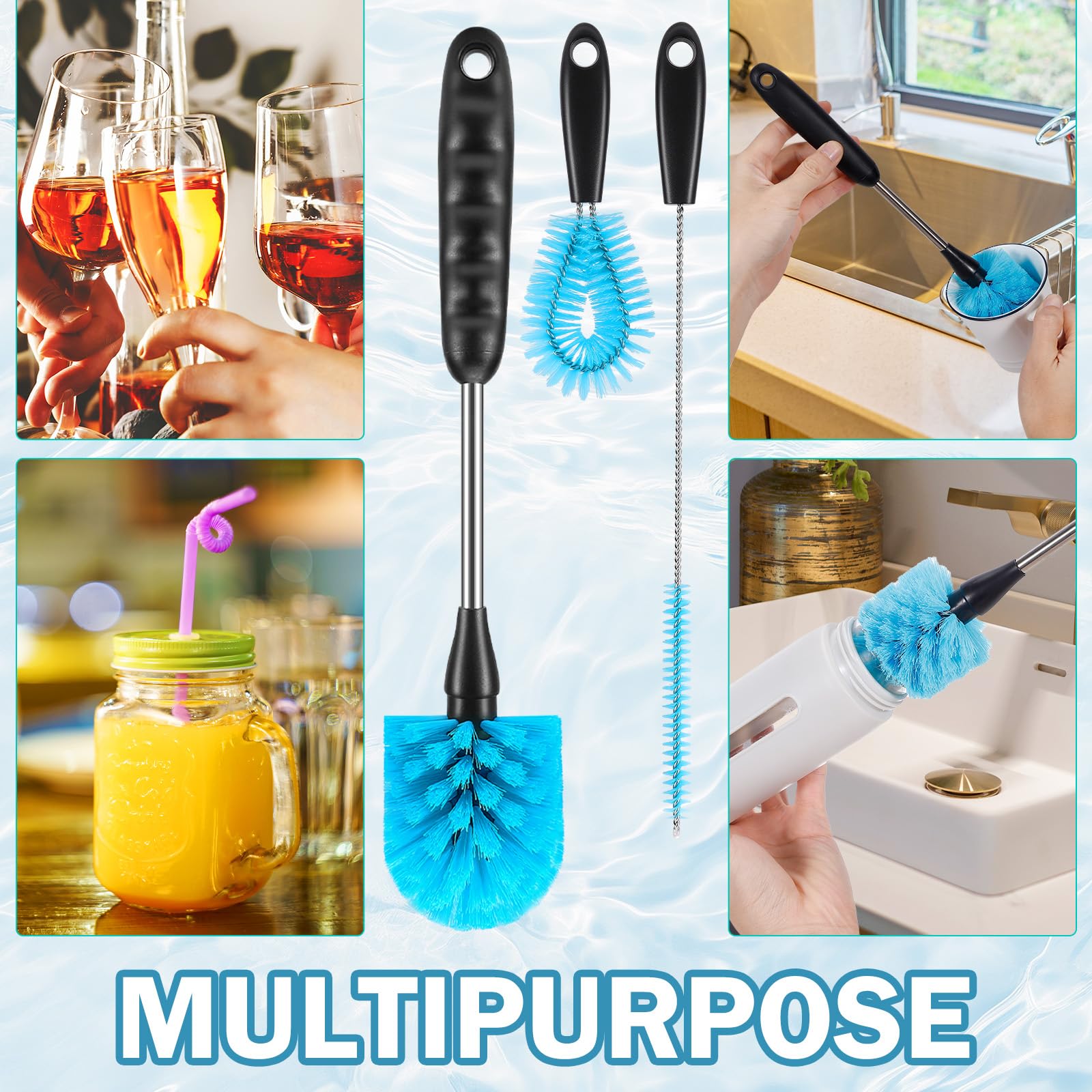 12.2 inch Bottle Brush Set of Three，Washable Coffee Cups, Water Bottles, Baby Bottles, Straws, to-go Cups, Long-Handled 3-in-1 Stainless Steel Bottle Brushes.