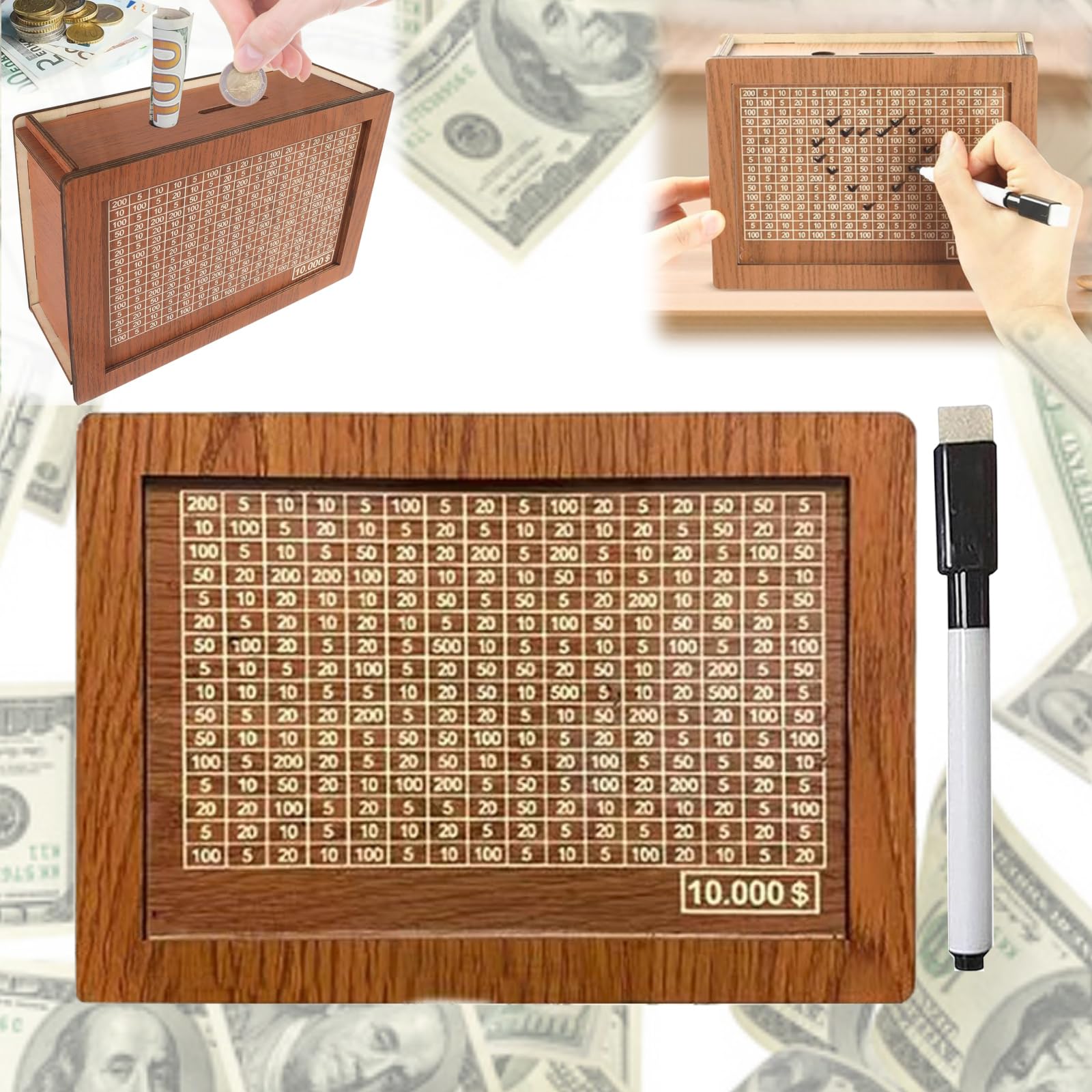 $10000 Cash Vault Wooden Savings Box, 2024 New Wooden Cash Saver Money Box, Cash Saver Box, Coin Counter Piggy Bank, Money Box with Counter, Wooden Money Box with Money Target and Numbers(Brown)