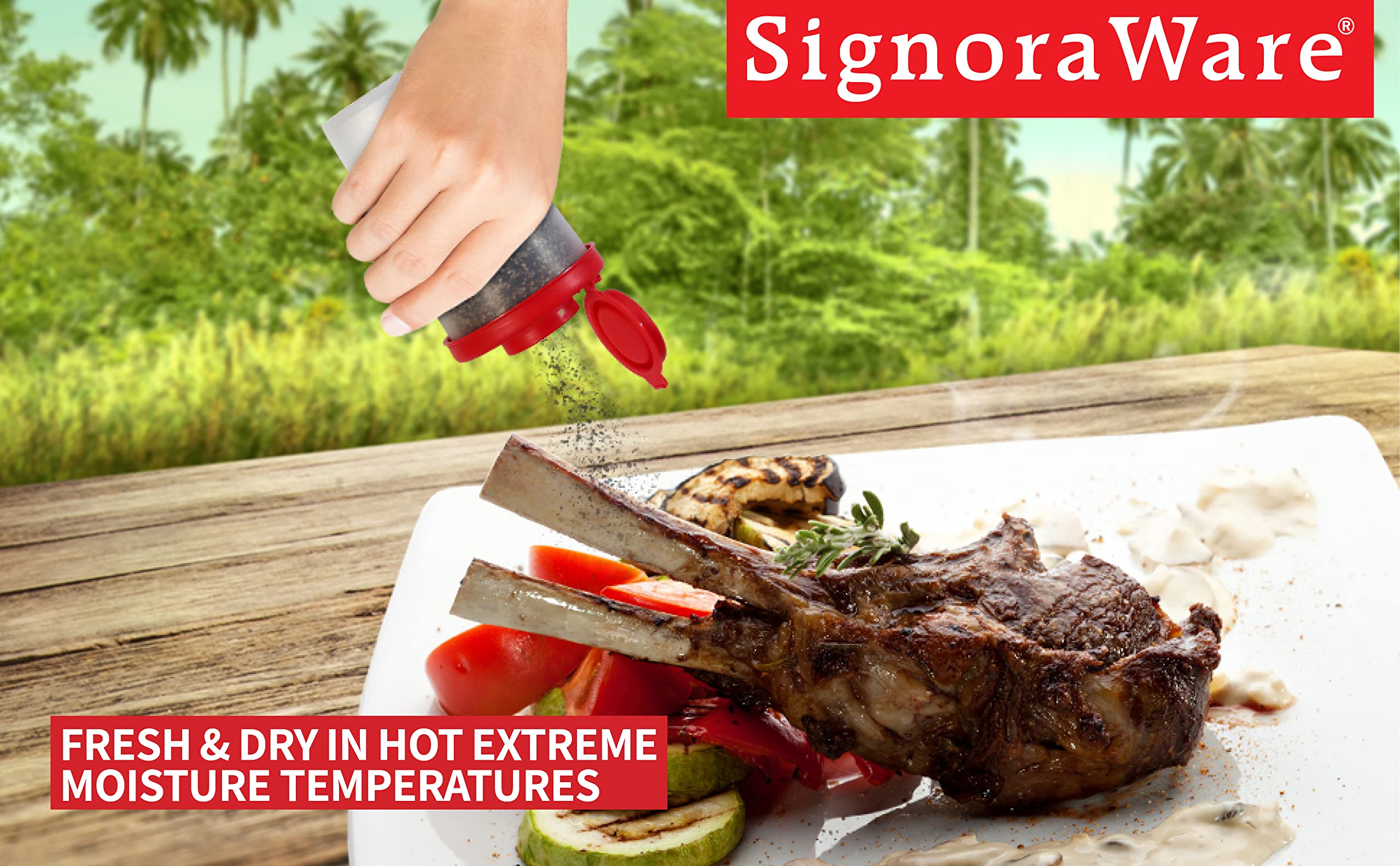 SIGNORAWARE Salt and Pepper Shakers Moisture Proof Set of 2 Large Salt Shaker to go Camping Picnic Outdoors Kitchen Lunch Boxes Travel Spice Set Clear with Red Covers Lids Plastic Airtight Dispenser