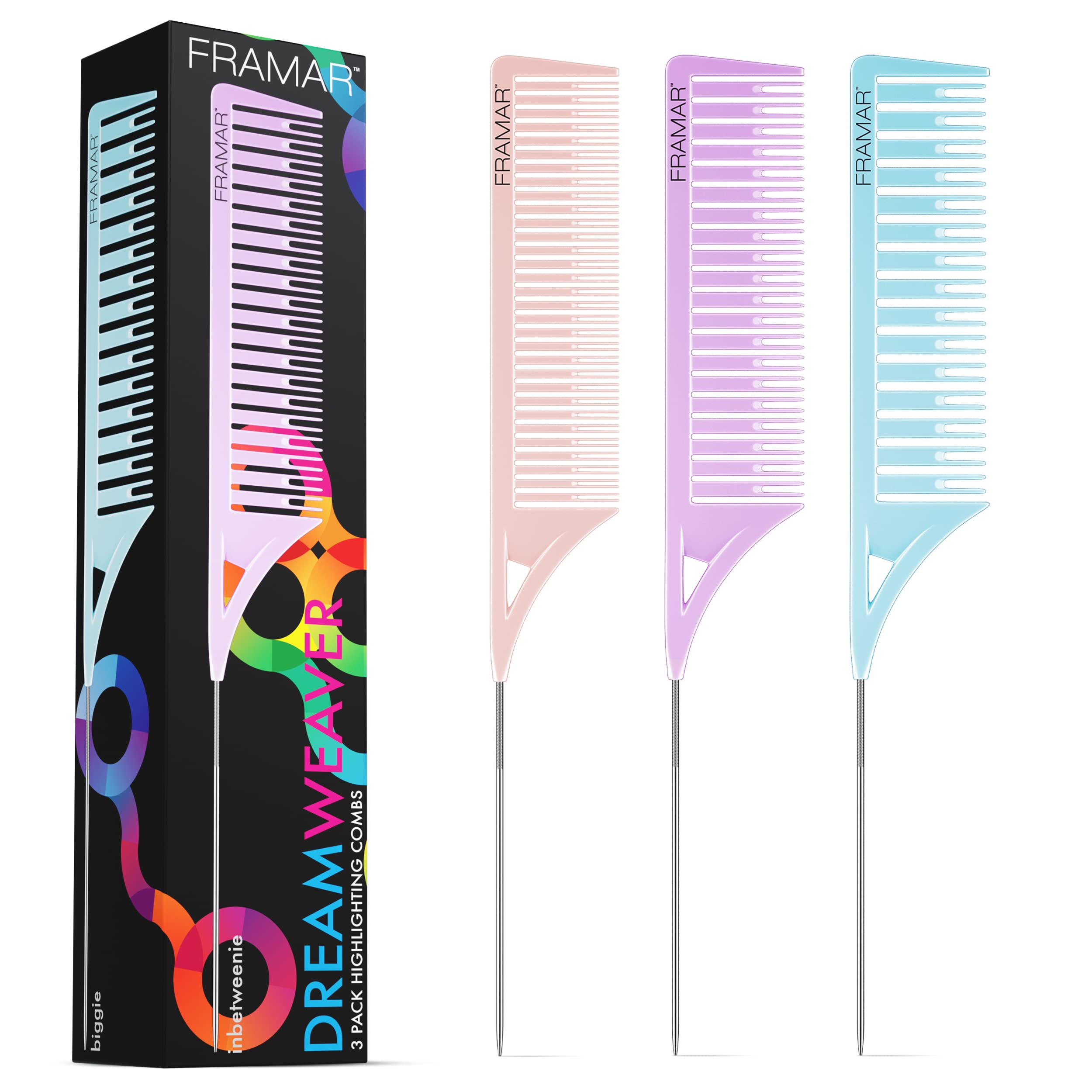 FRAMAR Dreamweaver Highlight Comb Set - طقم أمشاط احترافي لعمل الهايلايت مع طرف للتقسيم، مشط لصبغ الشعر، أمشاط فويل للهايلايت، أمشاط هايلايت - عبوة 3 قطع بألوان الباستيل