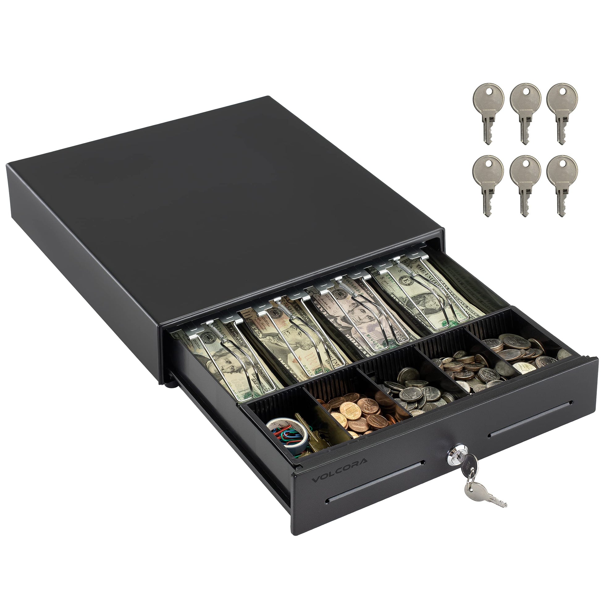 Volcora 13" Electronic Cash Register Drawer for Point of Sale (POS) System with 4 Bill 5 Coin Cash Tray, Removable Coin Compartment, 24V, RJ11/RJ12 Key-Lock, Media Slot, Black - for Small Businesses